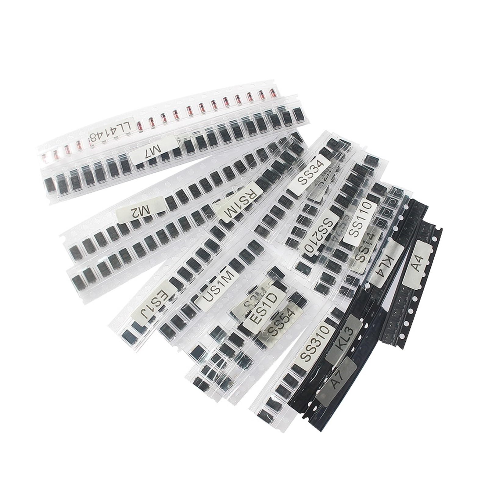 Kit surtido de 260 diodos conmutación y rectificadores Schottky: M1, M2, M4, M7, S2M, RS1M, US1M, ES1D, SS14, SS110, SS34