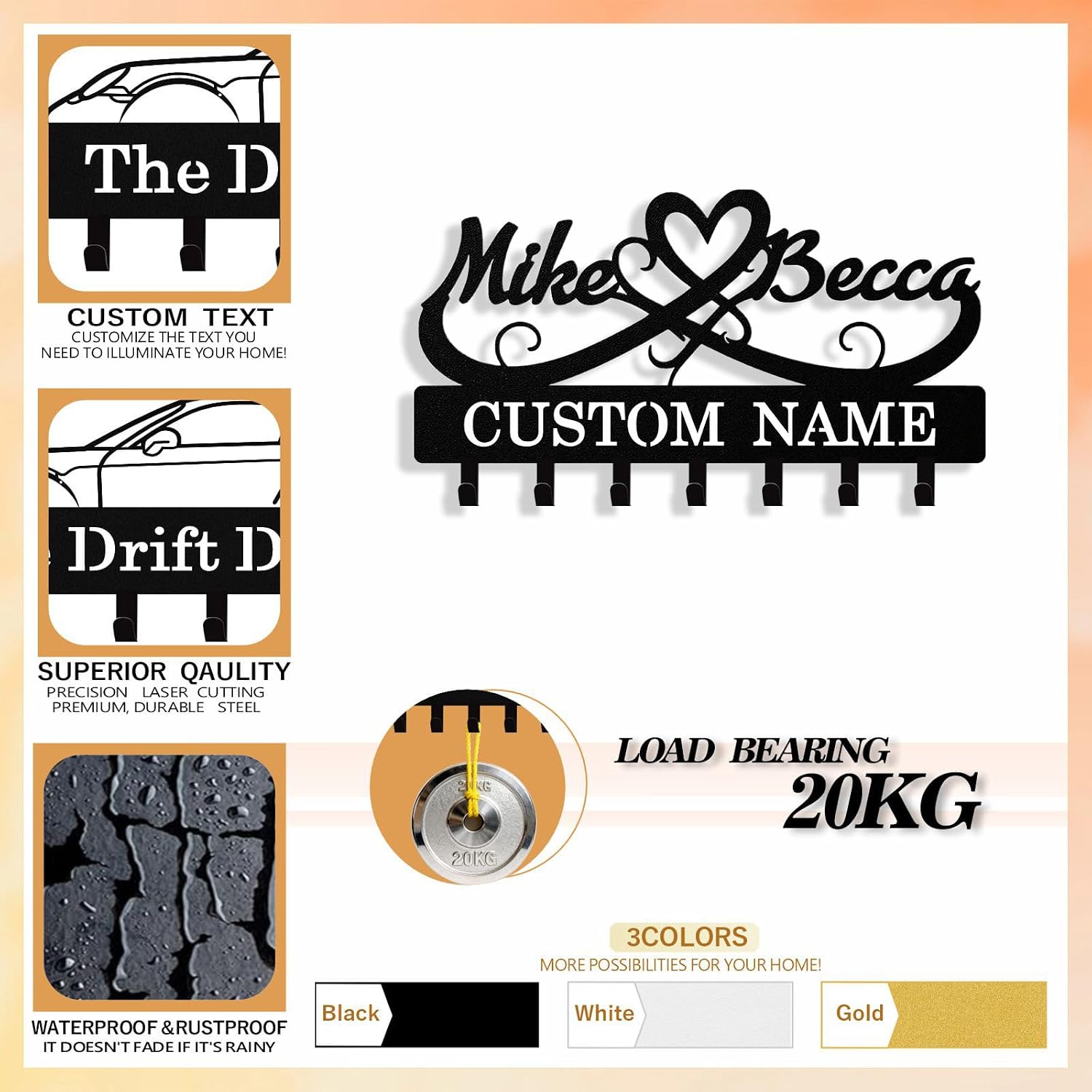 Personalized Key Holder Wall Mount - Custom Couple's Name Metal Keys Holder for Wall, Wall Keys Rack Hanger with Hooks for Home, Entryway, Kitchen, Hallway, Doorway image 4