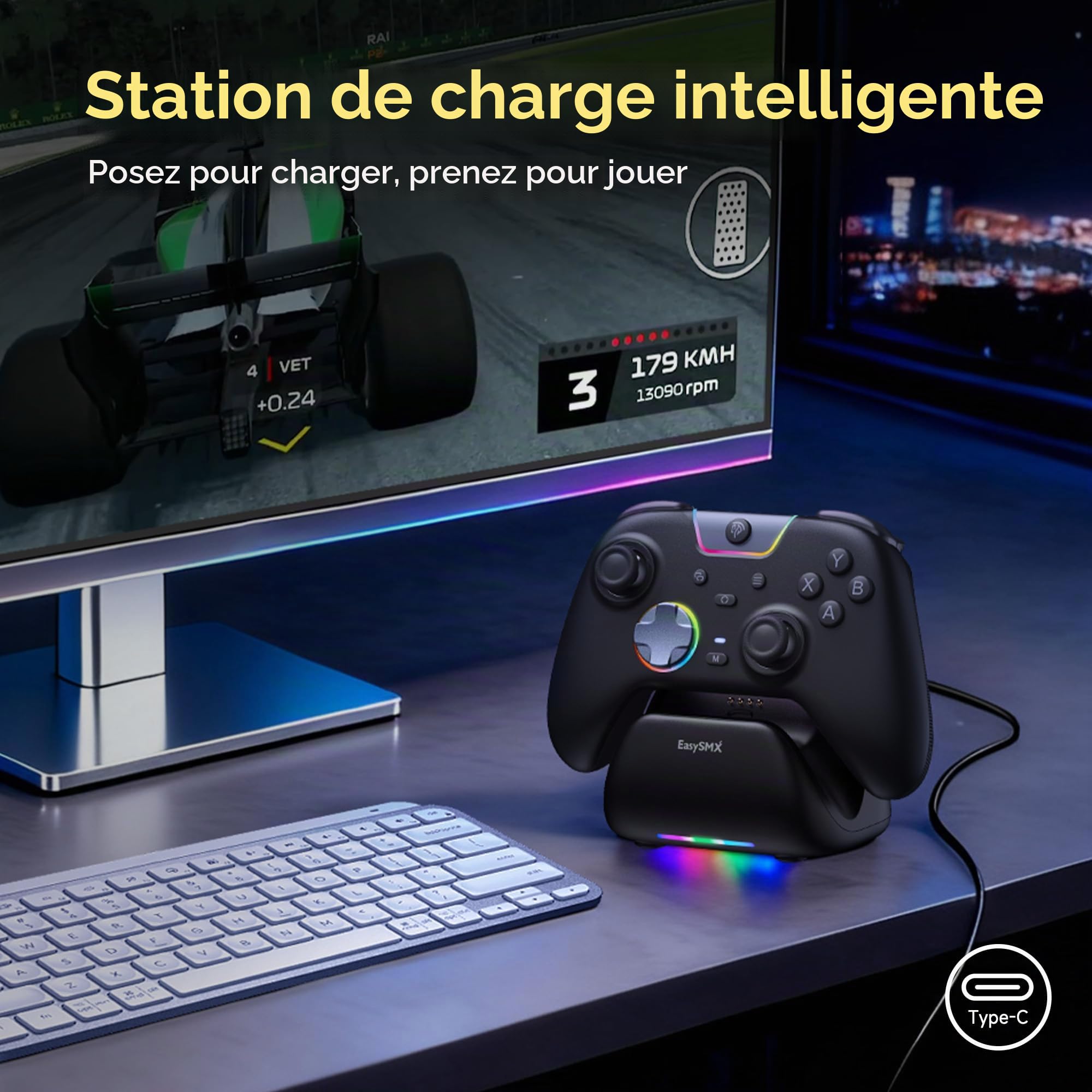 EasySMX X05Pro Manette PC sans Fil avec Station de Charge, Boutons Silencieux, Joysticks Hall, 1000Hz, Gâchettes 2 Niveaux, D-Pad 8 Directions, Batterie 1000mAh, pour PC/Switch/Android/iOS – Noir.
