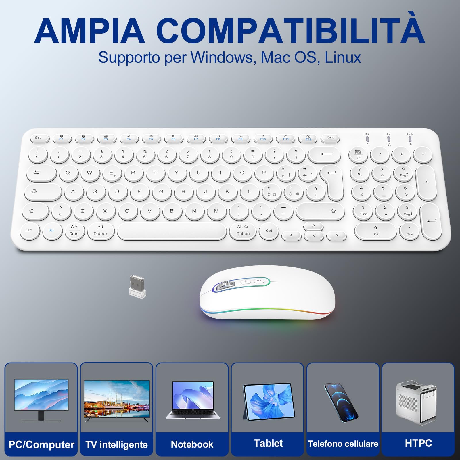 PINKCAT Tastiera e Mouse Wireless, Bluetooth e 2.4 G Tastiera e Mouse, Batteria Ricaricabile Design Ergonomico Set tastiera e mouse per PC/Tablet/Windows, iOS, Mac OS - Bianca