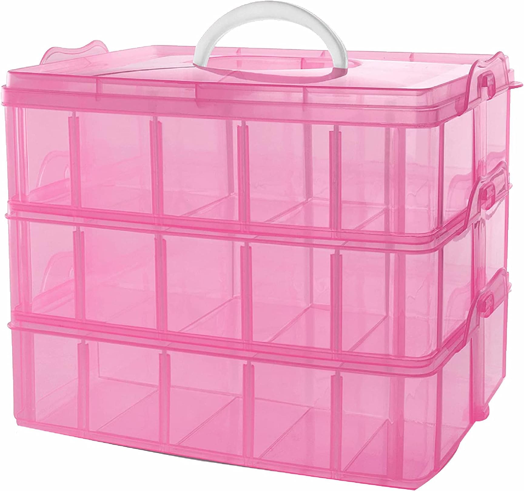 SUL3 Tier Transparent Stackable Storage Box with 30 Compartments, Craft, Lego, Toys Storage Box with Carry Handle, Storing & Organising Jewellery, Arts & Crafts, Tools (Pink)