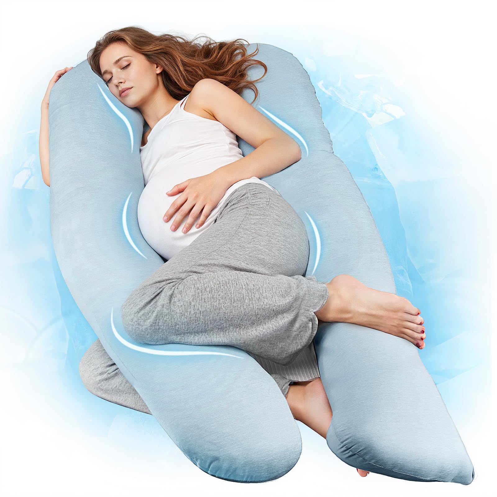 Pregnancy Pillow for Sleeping, U Shaped Full Body Pillow with Washable Cooling Fabric Cover, Maternity Pillow Support for Back, Hips, Legs for Pregnant Women (Cooling Light Blue)