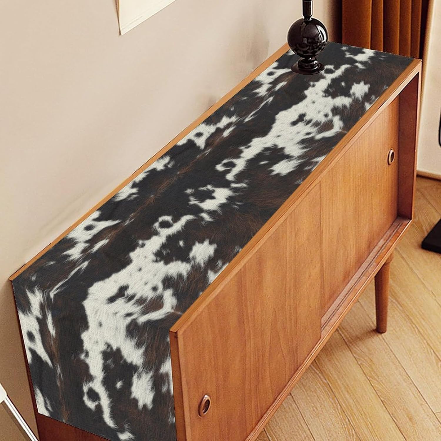 Cow Print Table Runner, Rustic Black Aztec Western Style Cowhide Southwest Animal Skin Tribal Cottage Coffee Table Center Decor for Family Kitchen and Dining Outdoor Party Table Decorations, 13"x108"