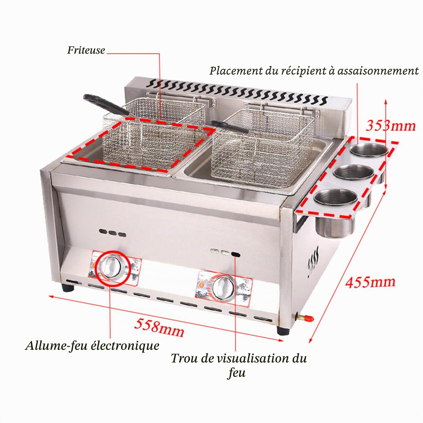 Friteuse à gaz Professionnelle GPL, Friteuse Commerciale en Acier Inoxydable avec paniers et couvercles de friteuse, Pour la cuisine commerciale et maison, Double Cylinder 2x8L