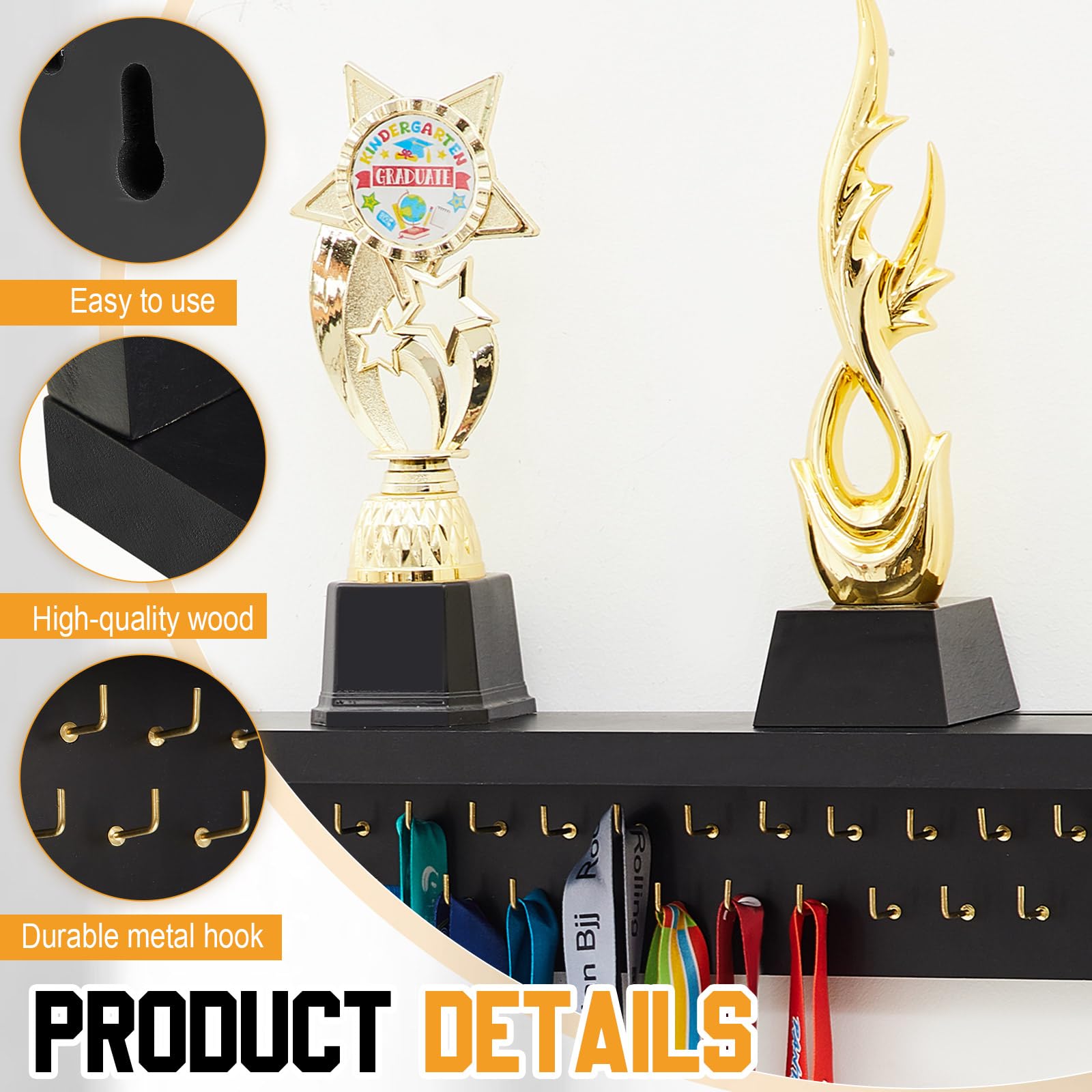 Threehoney Medaillenhalter aus Holz, mit 25/37/49/65 Haken für Wandhalterung, Bandhalter, Geschenk für Gymnastik, Laufen, Fußball, Auszeichnungen (0,9 m/88,9 cm, schwarzes Regal, goldene Haken)