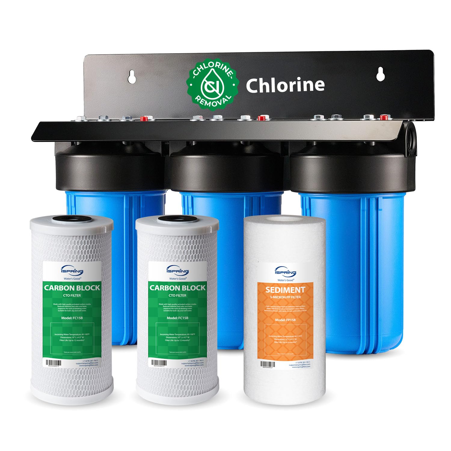 iSpring WGB31B Filtro Acqua per Tutta la Casa, Riduce fino al 99% di Cloro, Sedimenti, Gusto e Odore, 3 Stadi con Filtri a Sedimenti e Carbon Block da 10", Ingresso/Uscita da 1"
