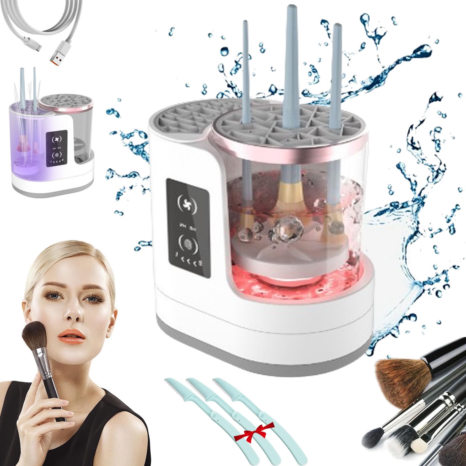 Gleamakeup Elektrischer Make-up-Pinselreiniger, 3-in-1 automatischer Make-up-Pinsel mit Timer, USB-betriebener Beauty-Swirl-Kosmetikpinsel-Reiniger für Make-up-Pinsel und Schwämme (A-Stecker)