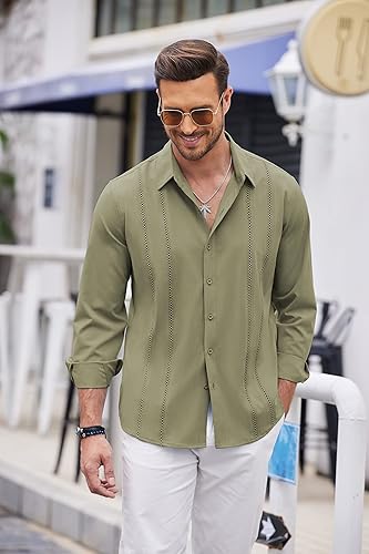 Miniatura 4 de COOFANDY - Camisas guayabera cubanas para hombre, con botones, casuales, de manga larga, para el verano, de playa