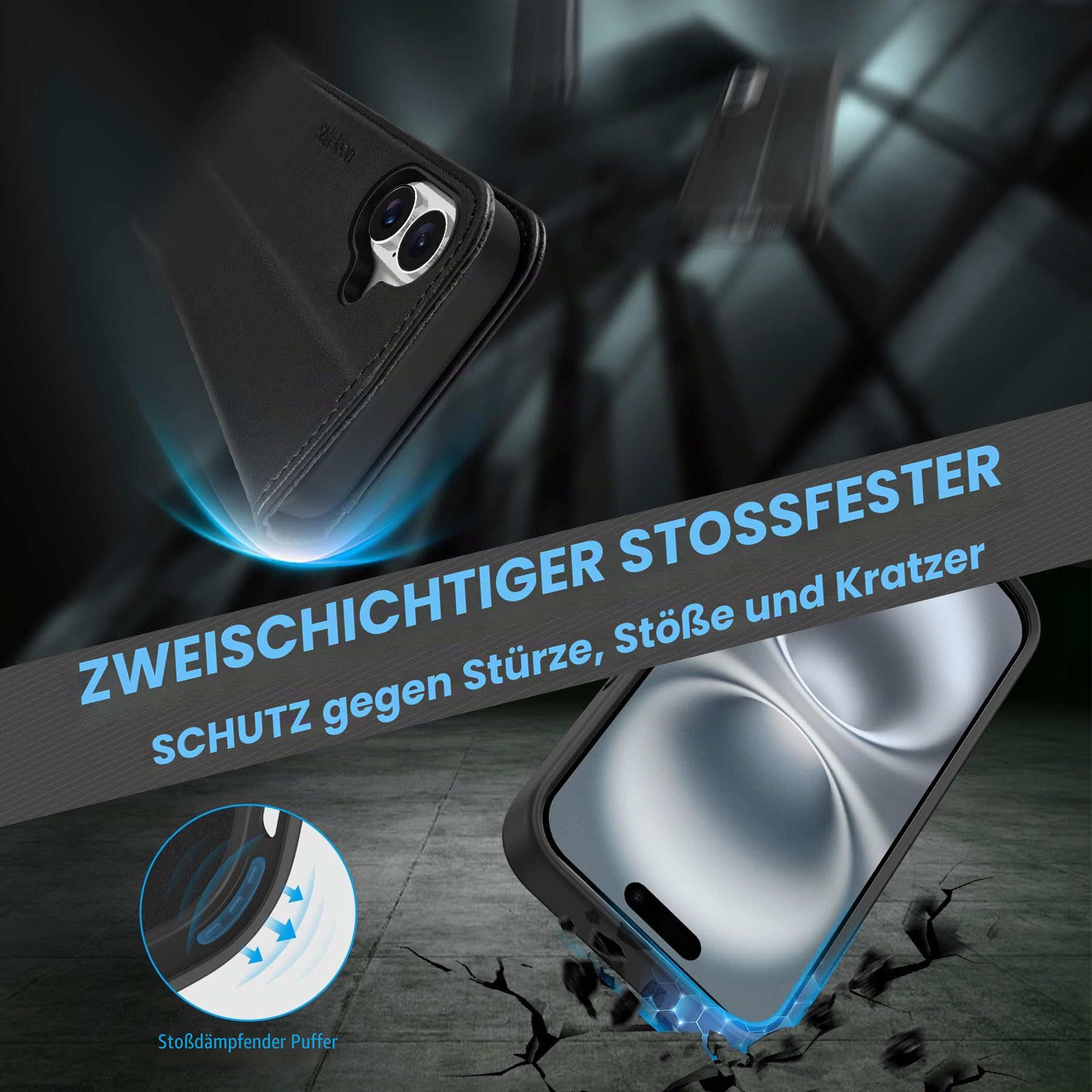 SHIELDON Abnehmbare Echtleder Hülle für iPhone 16 6,1" 5G 2024, Schwarz