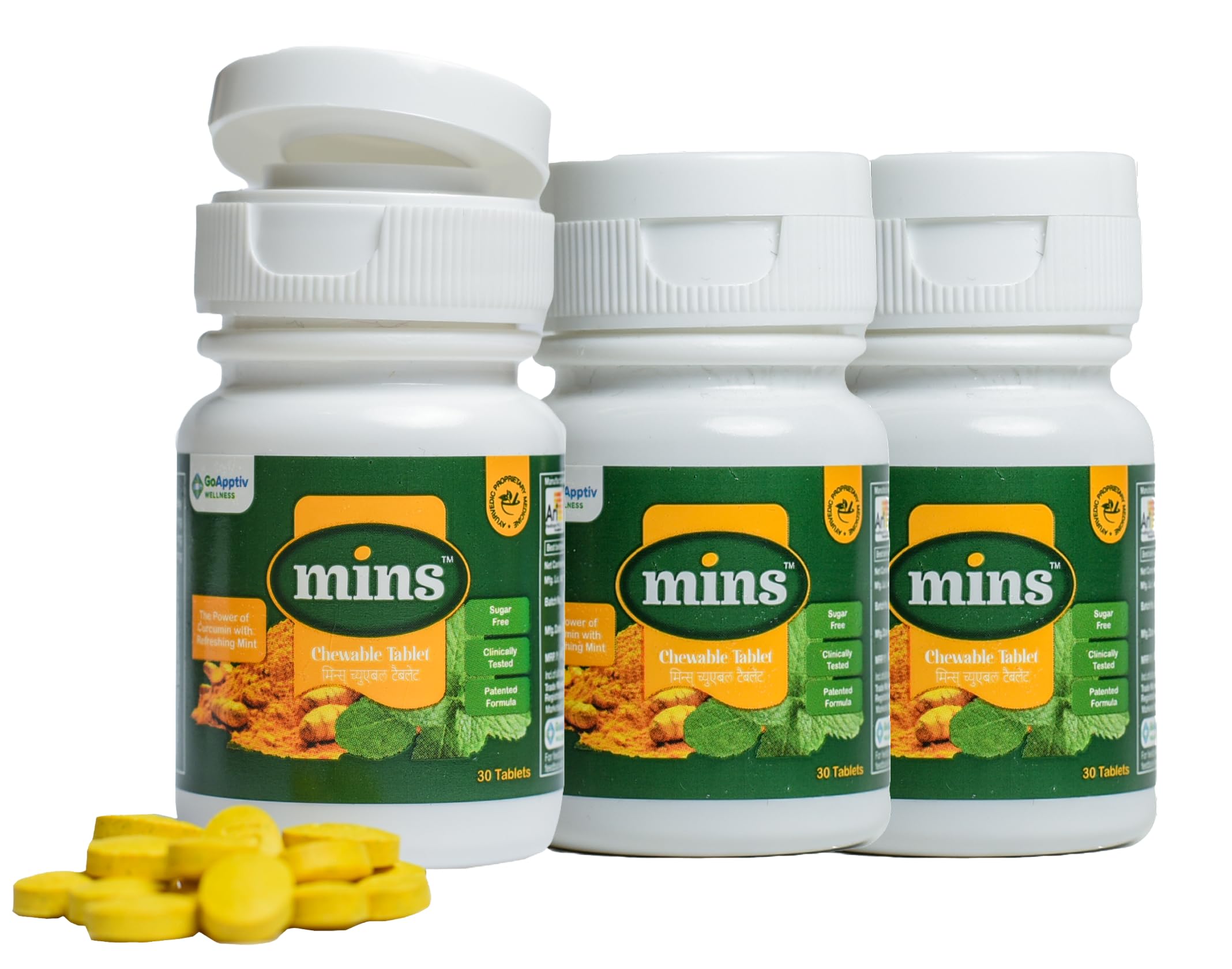 MINS Chewable Tablets Bottle of 30's Green| Curcumin Tablets with Piperine| For Cold, Cough, Sore throat & Bad breath| Sugar free| 30 Chewable Tablets Pack of 3