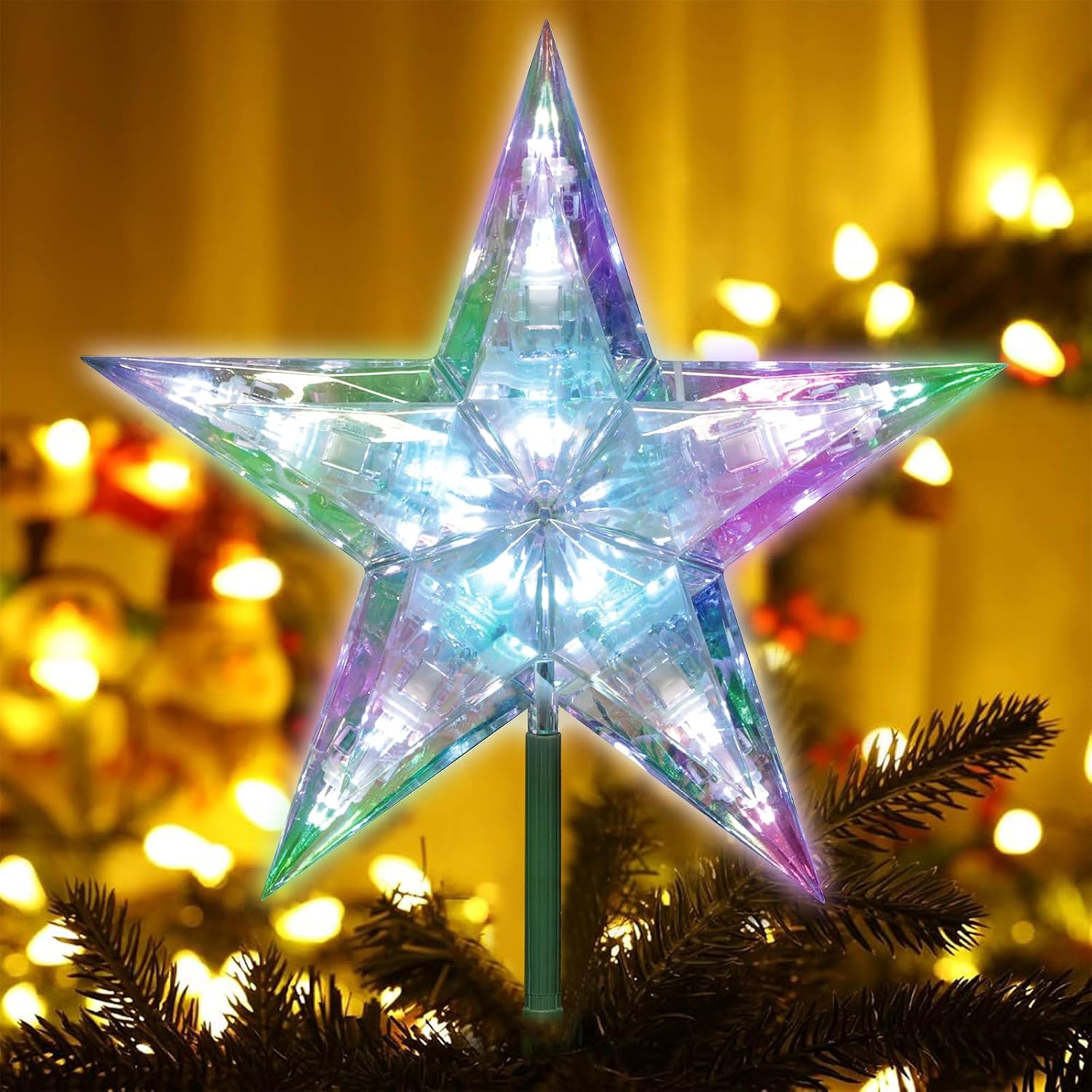 Christmas Tree Topper Star, 10inch Light-Up White Star Decoration, Tree Top Ornament for Christmas Holiday Home Fit for General Size Xmas Tree