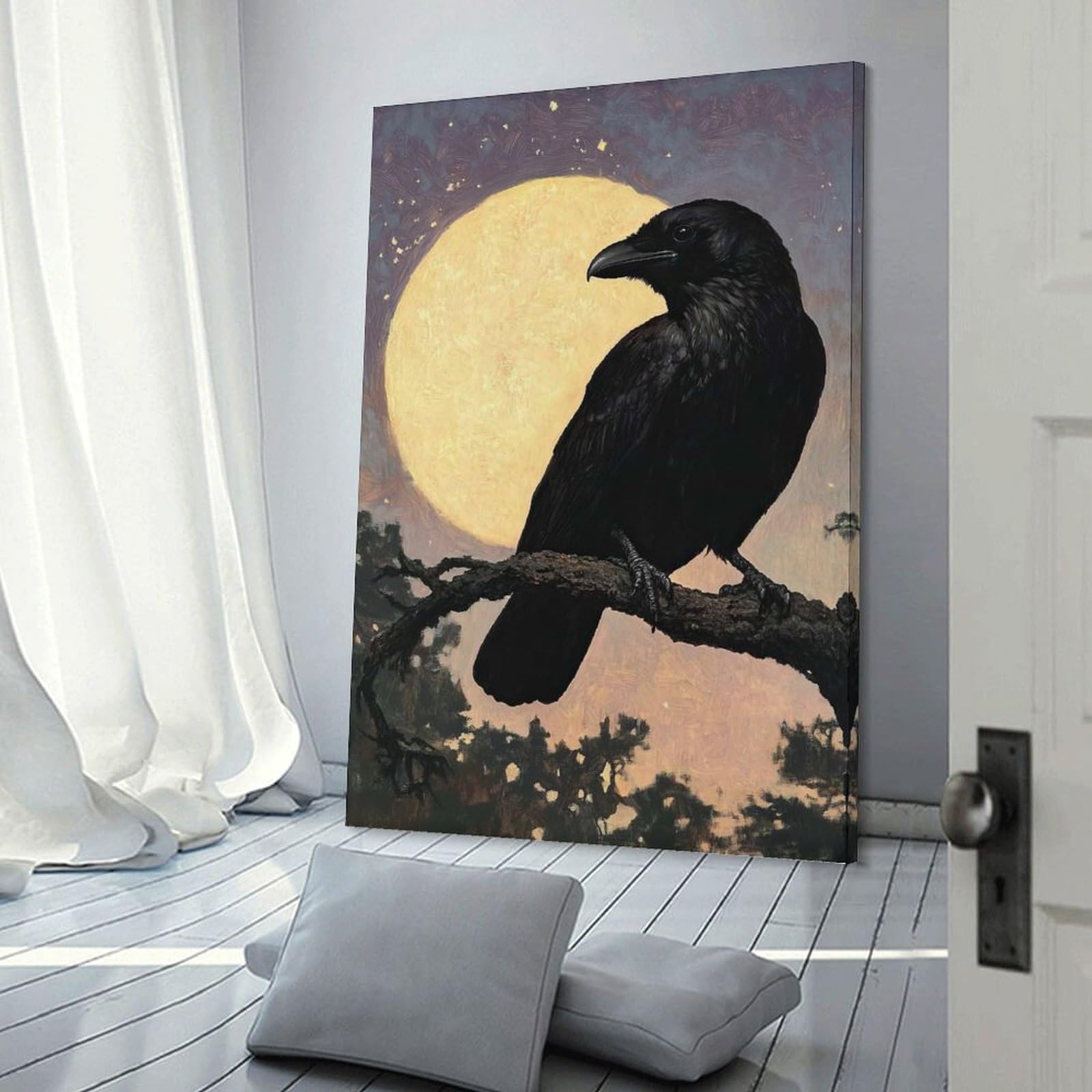 Junmoney Raven Under Full Moon Wall Art Print 24x36inch(60x90cm), for Art Walls, Layered Displays Or Homes, Wall Decor Suited to Curated Displays