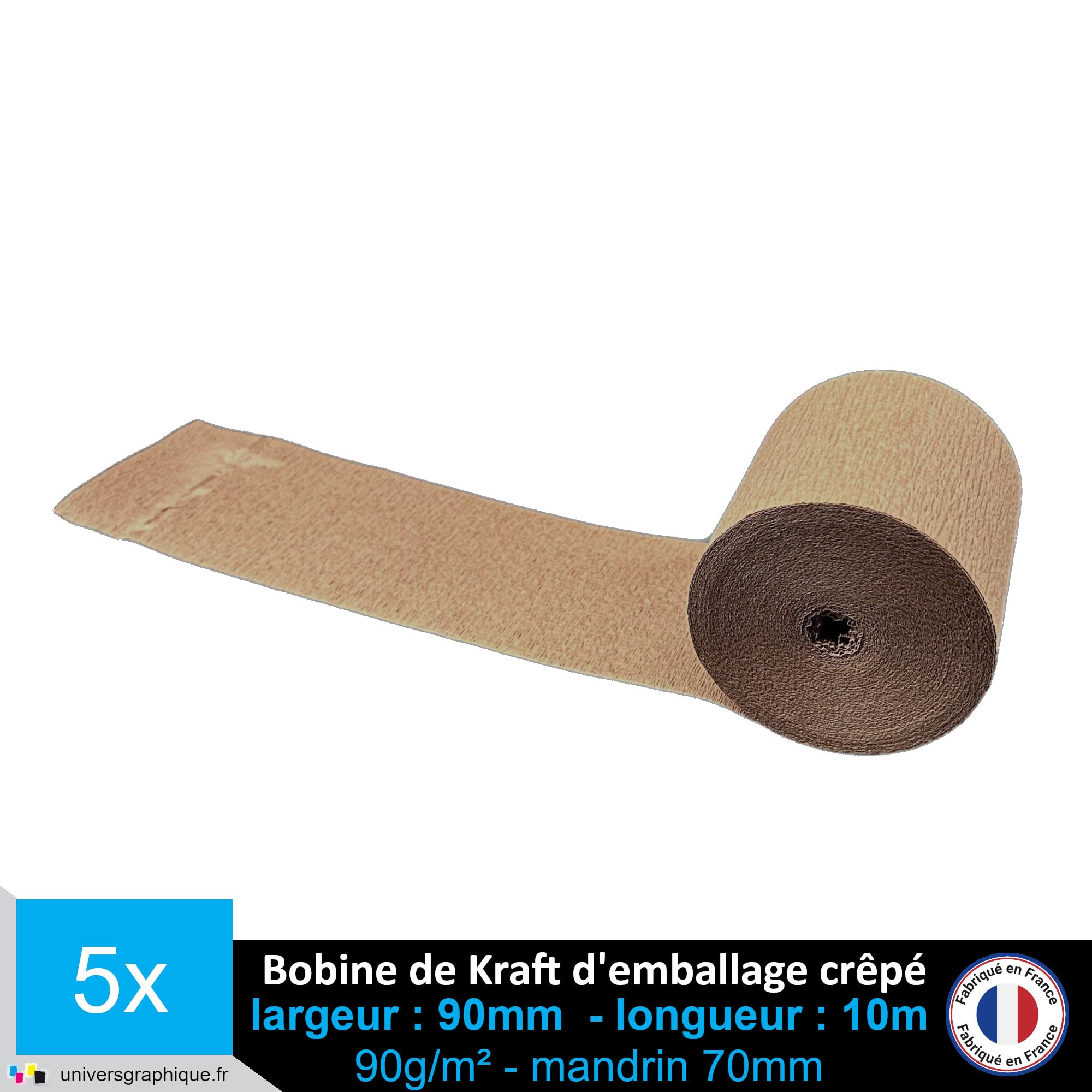 Papier Kraft d'emballage Crêpé 90 g/m² 90 mm bobine de 10m pour conditionnement et protection d’expédition (lot de 5)