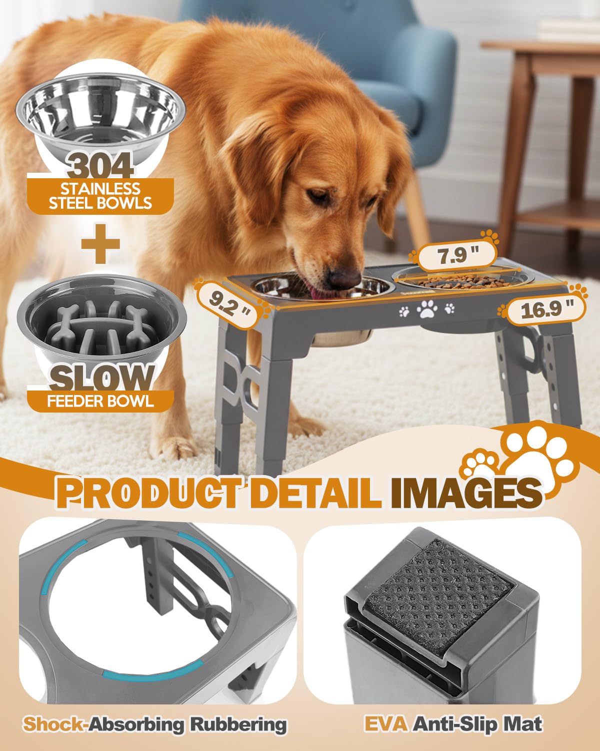 Jovrun Cuencos elevados para perros, comedero para perros con 2 cuencos de acero inoxidable y 1 cuenco de alimentación lenta para perros, soporte elevado ajustable de 5 alturas para perros medianos y