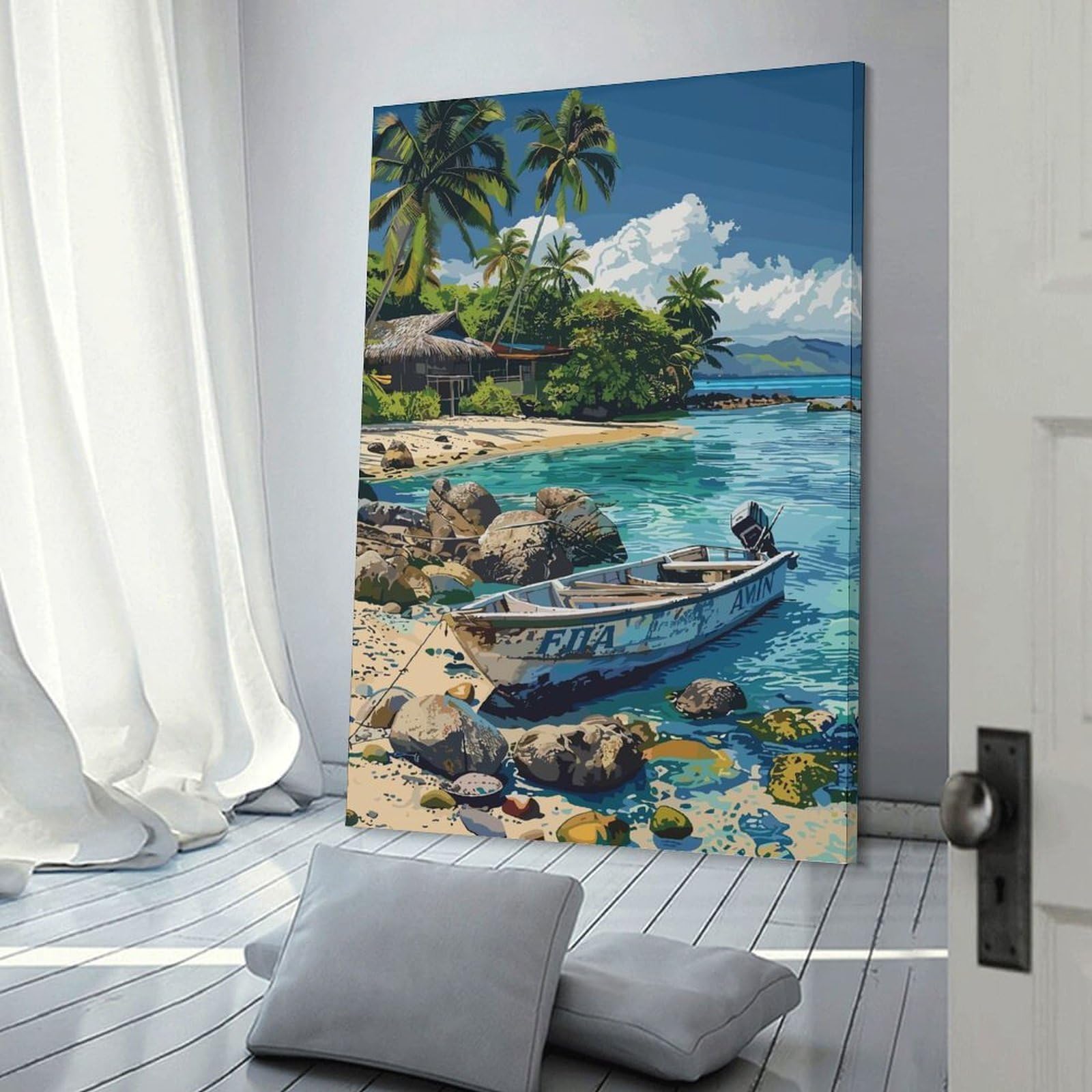 Junmoney Frame-Style-11 Tropical Beach With Boat And Hut Wall Art Print 24X36inch(60X90cm), For Art Walls, Layered Displays Or Homes, Wall Decor Suited To Curated Displays