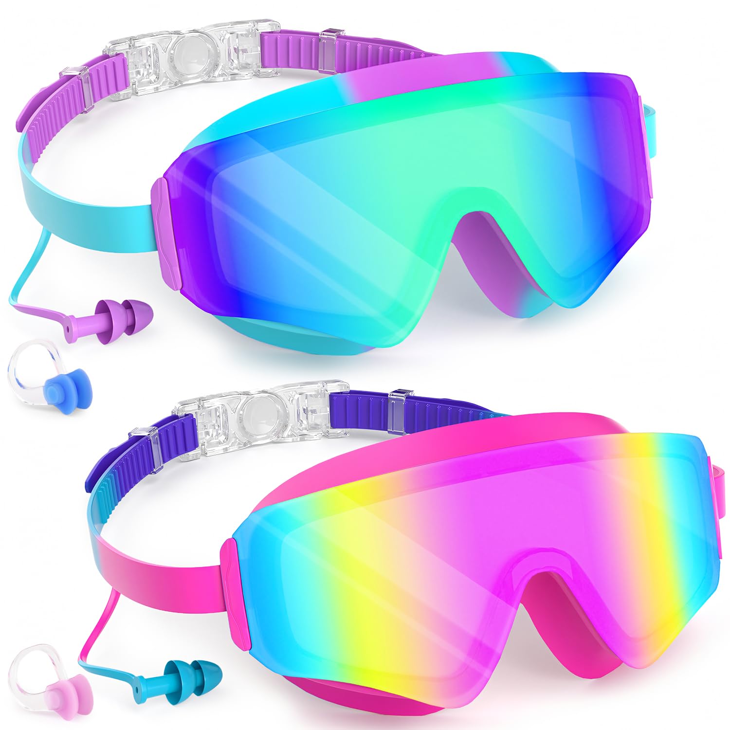 COOLOO 2 Pack Kids Swimming Goggles, Frameless Wide View Kids Goggles, Anti-fog & Anti-UV Goggles kids 4-16 for Girl Boys Youth