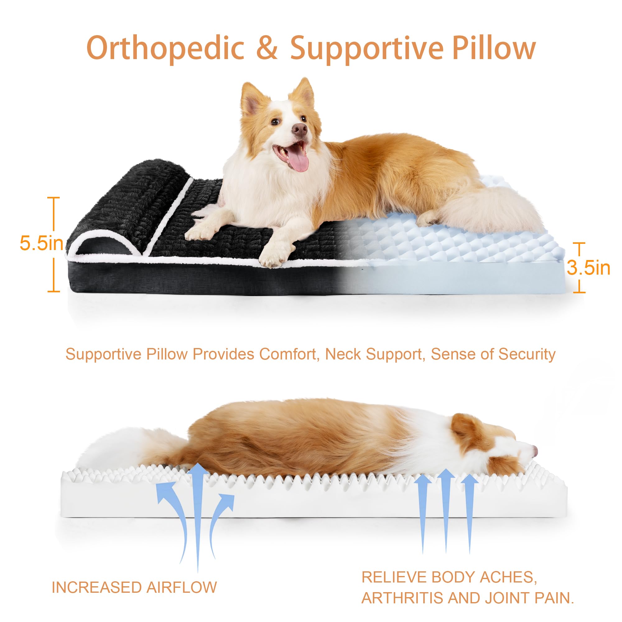 Orthopedic XL Dog Bed Large Sized Dog with Pillow 48''X30'', Waterproof Soft Comfortable Egg Crate Foam Pet Crate Beds Mat with Removable Washable Cover and Non-Slip Bottom, Black - image 6