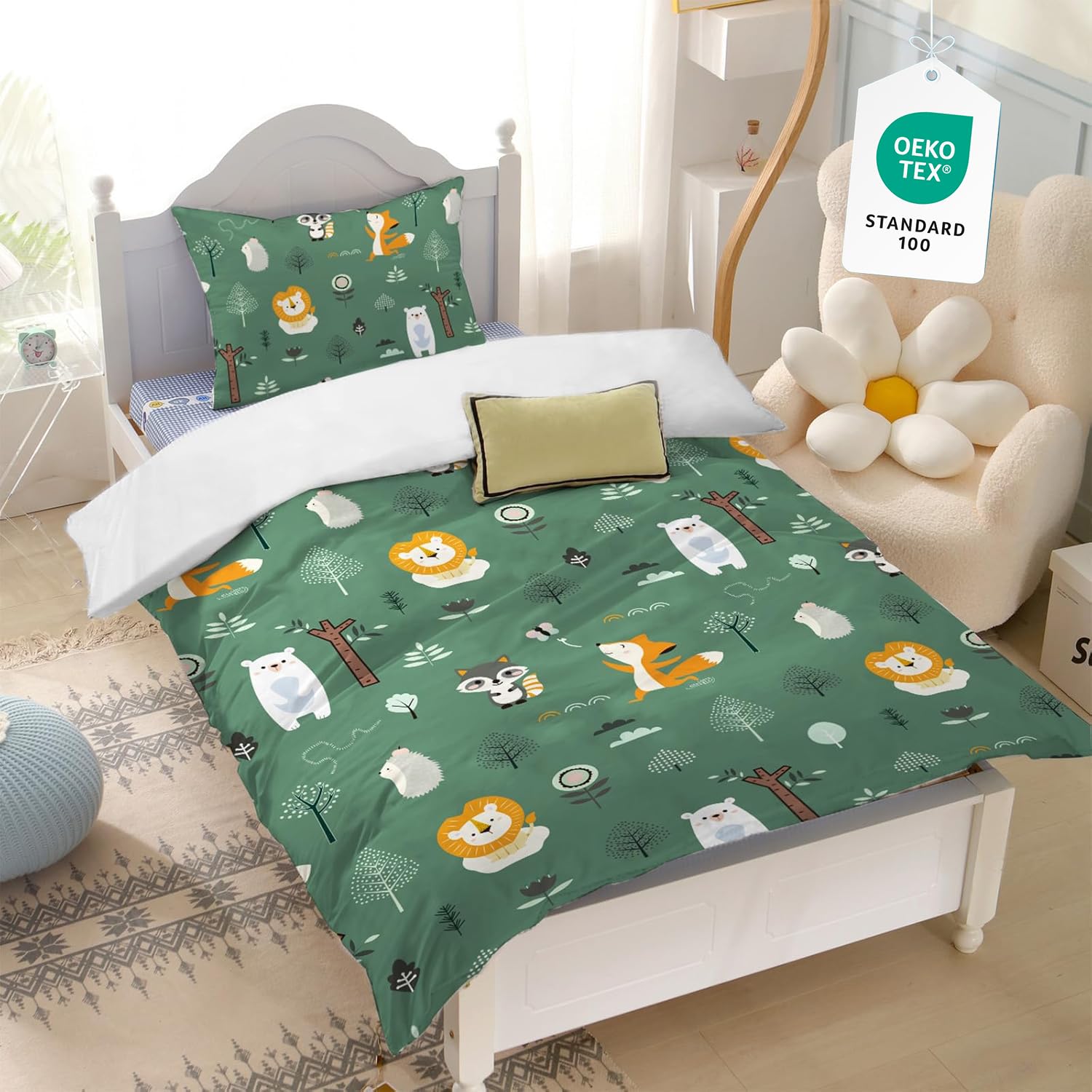 Yasida Wildlife Cot Bedding Safari Animal Kids Toddler Duvet Cover Set Microfiber Dark Green Kids Bedding With Lion Bear Fox Tree Pattern For Boys/Girls Duvet Cover Set 120x150 + 1 Pillowcase 40x60