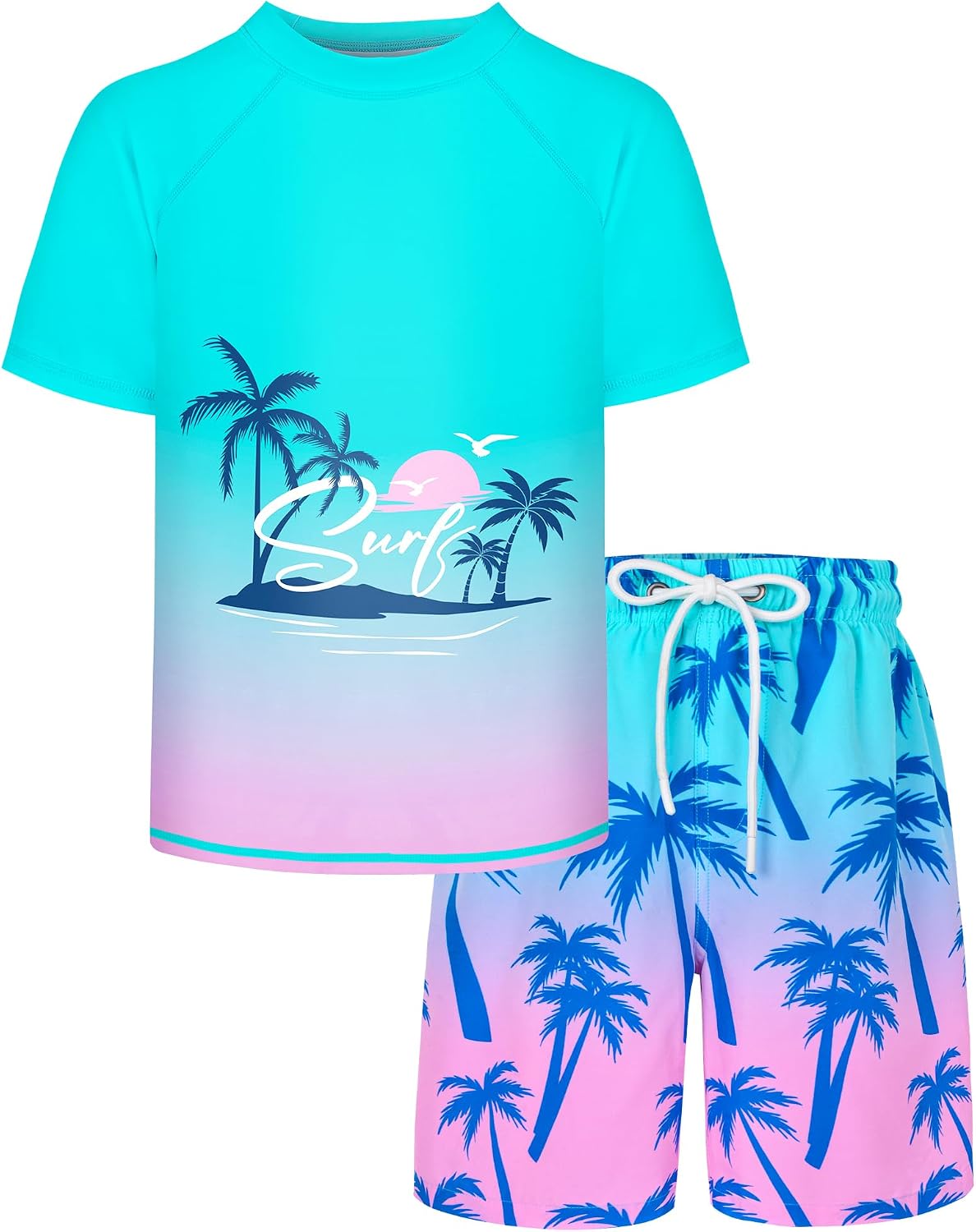 Boys Two Piece Rash Guard and Swim Trunks Outfit Set Kids Short Sleeve Swimsuit