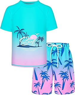 Boys Two Piece Rash Guard and Swim Trunks Outfit Set Kids Short Sleeve Swimsuit