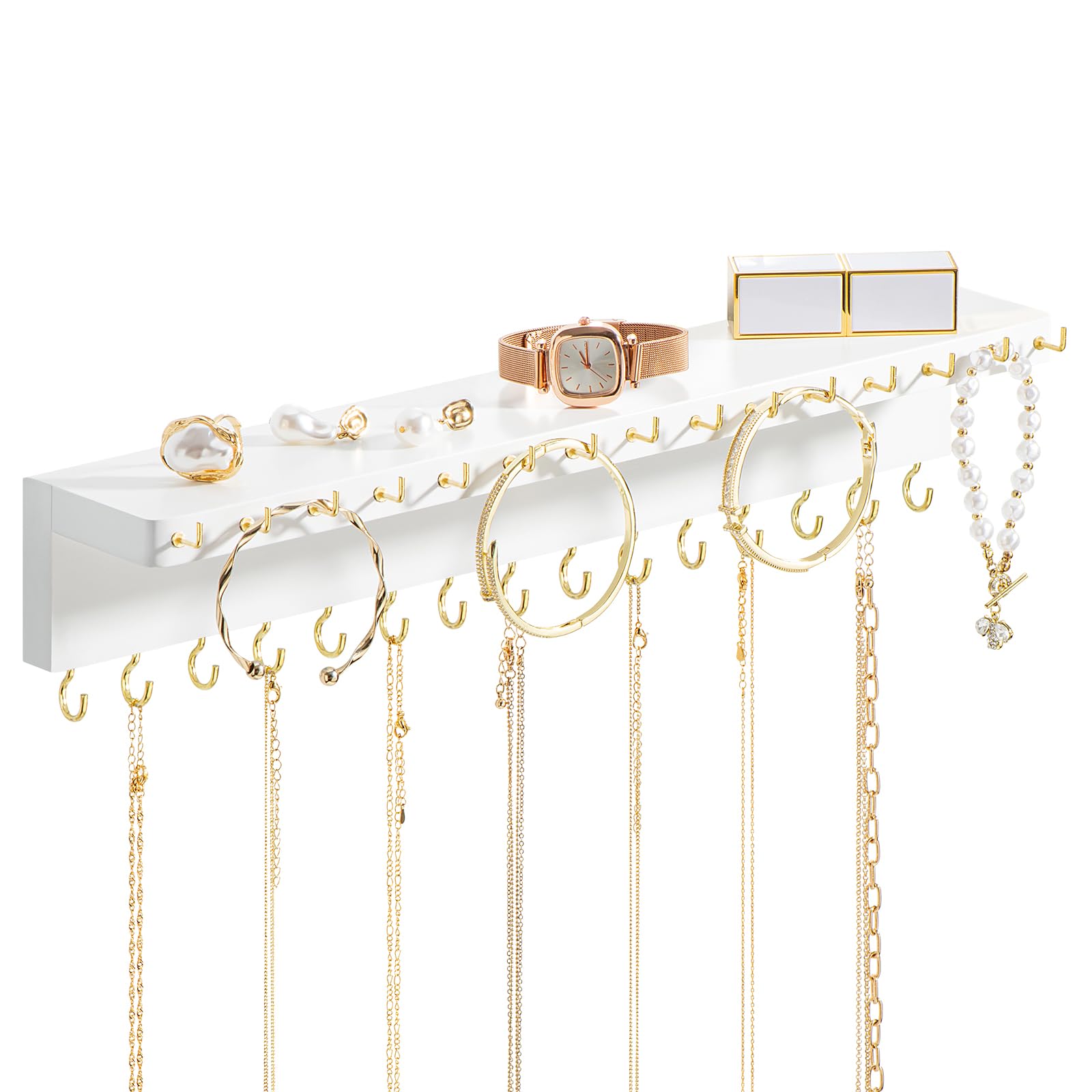 Zhithink Wall Hook Necklace Holder, Extra Large Wall-Mounted Jewelry Organizer with 30 Hooks for Necklaces, Earrings, Bracelets, and Rings – White