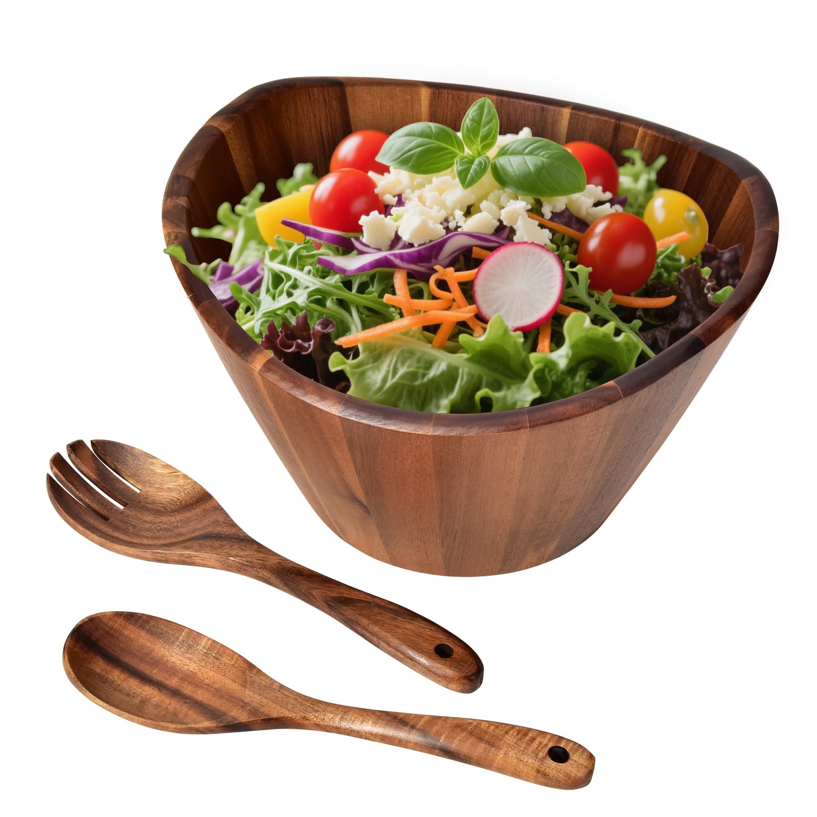 Ensaladera de madera de acacia, cuenco de frutas y verduras, cuenco grande ondulado de 12 pulgadas con cuchara y tenedor para servir, hecho a mano, duradero y elegante servidor de comedor de