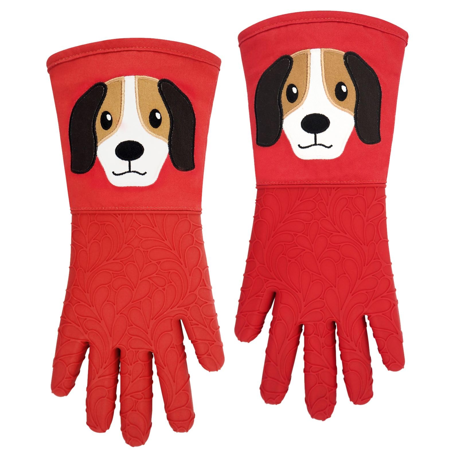 Grilling Gloves, Silicone Smoker Oven Gloves One Pair, Heat Resistant Oven Mitts,14" Grill BBQ Gloves, Non-Slip Silicone Internal Protective Cotton Layer, Waterproof (Red)