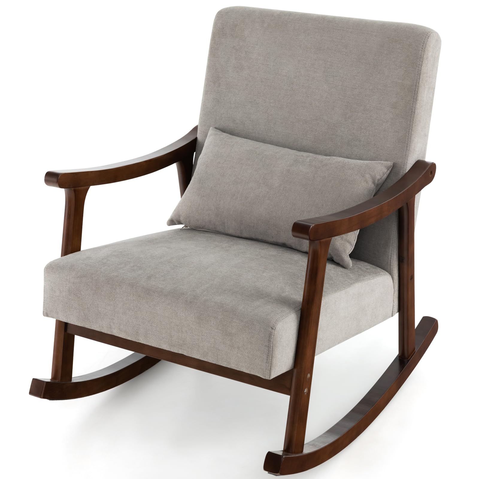 RELAX4LIFE Rocking Chair, Upholstered Relaxing Recliner Armchair with Soft Cushion & Lumbar Pillow, Leisure Rocker Lounge Chair for Living Room Bedroom (Coffee+Grey,88x65x82cm)