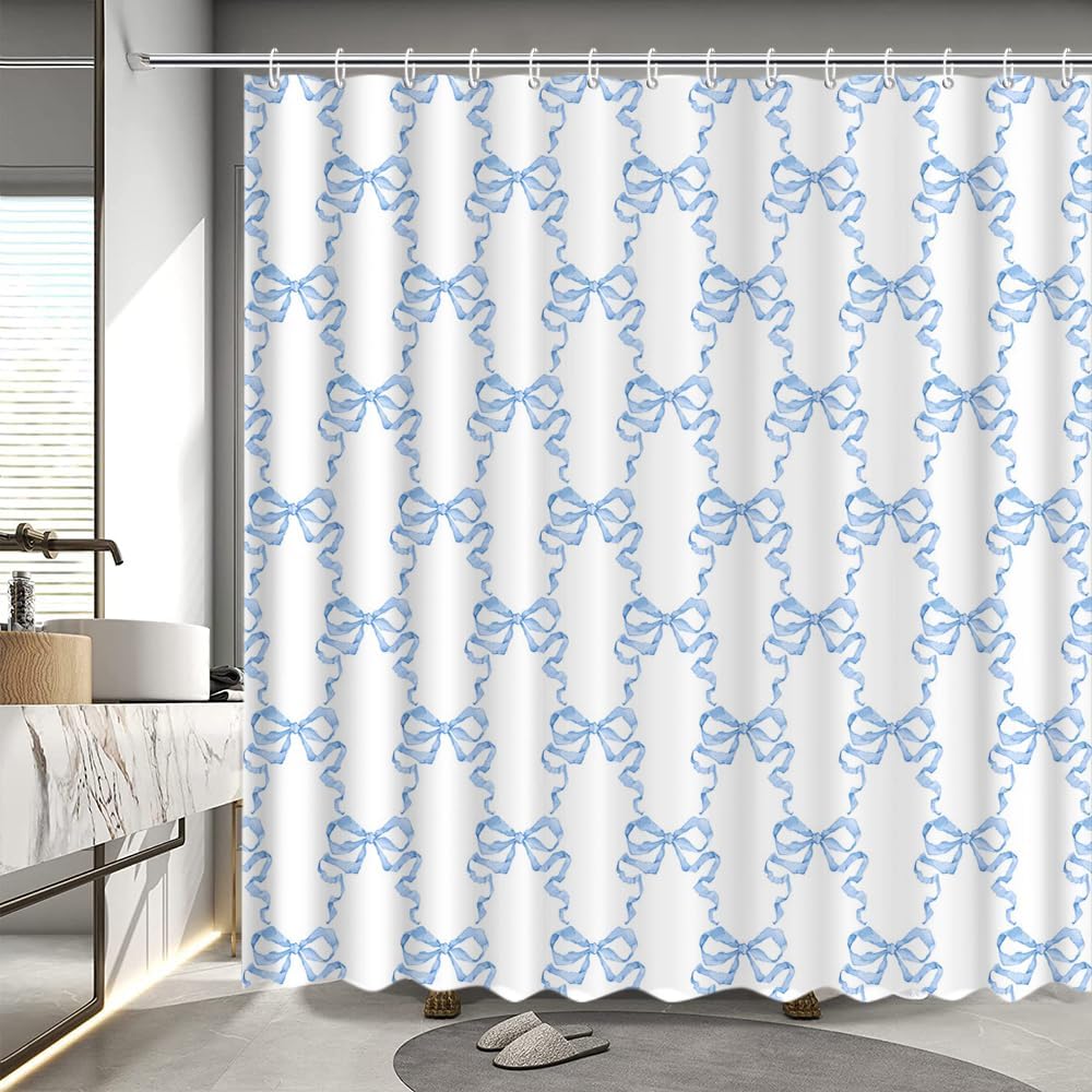 MEHOFOND Blue Bow Shower Curtain Modern Watercolor Art Bathroom Decor | 100% Polyester Waterproof Fabric Shower Curtain, 12 Hooks 72x72 Inch, for Bathroom,Dorm, for Kids Adults, Washable