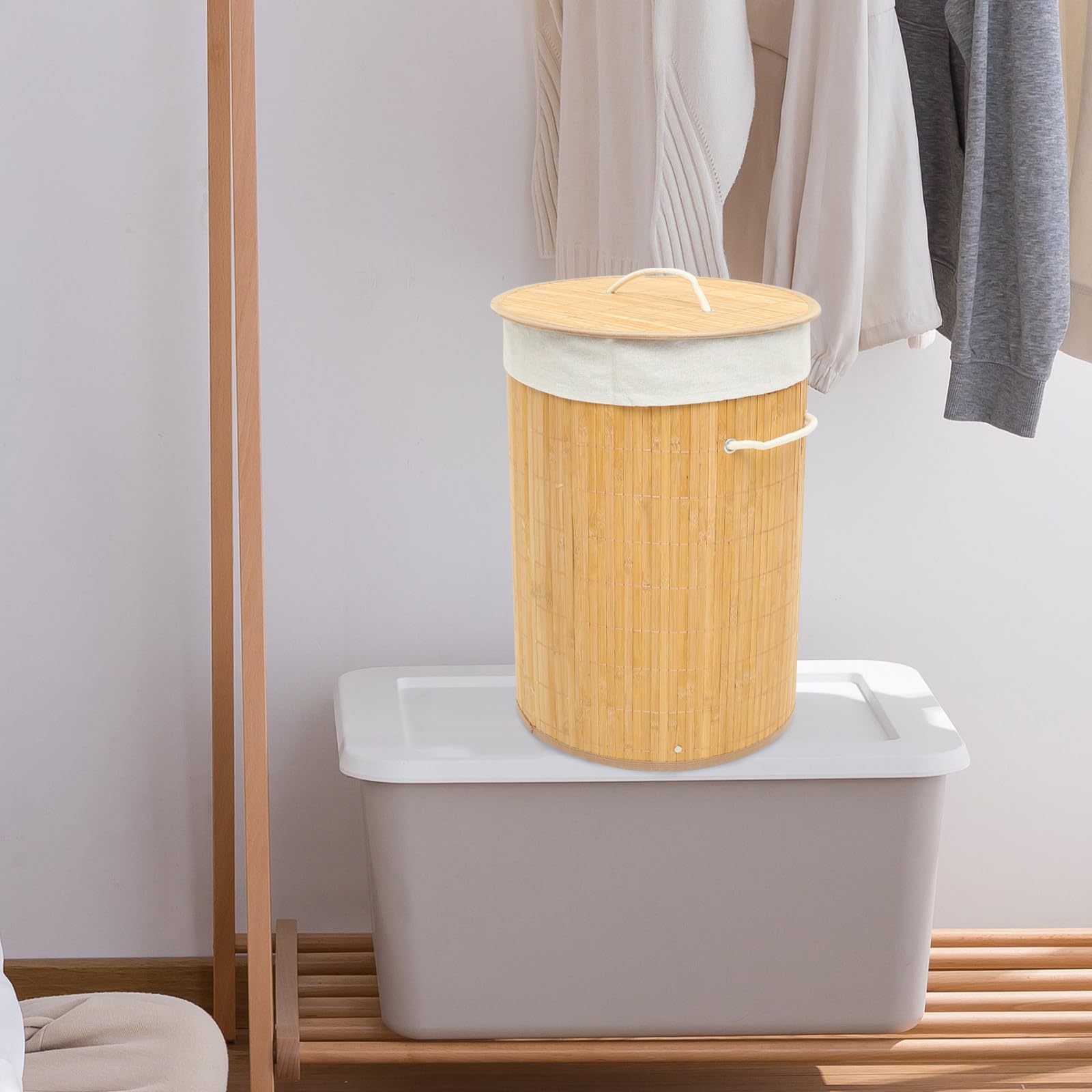 DOITOOL Cesto de Bambú con Tapa para Ropa Sucia, Cesta de Almacenaje Práctica y Elegante de 35x35x50 Cm, Adecuado para Baño o Lavandería con Diseño Rural y Resistente