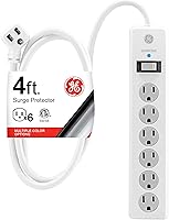 Vista 8 de GE Protector contra Sobretensiones con Regleta de Enchufes, Cable de Extensión de 4 Pies, Extensor de 6 Tomas, 800 Julios, Enchufe Plano, Cubiertas
