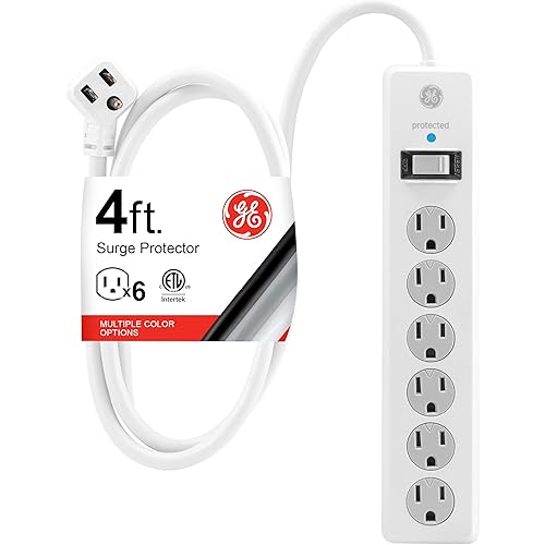 GE Surge Protector Power Strip, 4 Ft Extension Cord, 6 Outlet Extender, 800 Joules, Flat Plug, Twist-to-Close Safety Covers, ETL Listed, White, 33658
