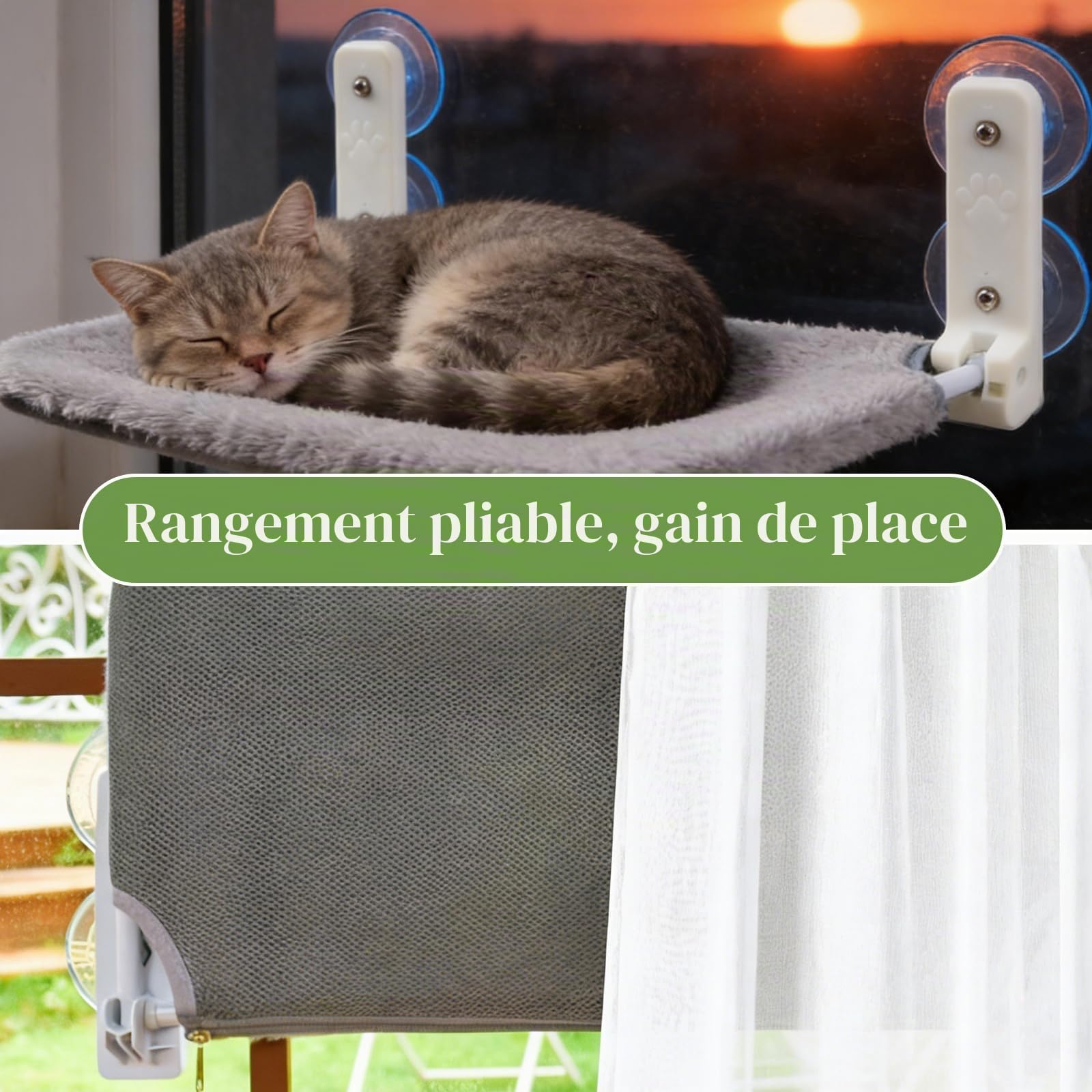Hamac Chat Mural, Chat Fenetre, Perchoir De Fenêtre Pliable, Elegant, Transat, Structure Robuste Supporte 18kg, Hamac pour Animaux Heureux, 30 * 52cm, Gris