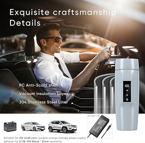 Miniatura 9 de Caldera portátil de 12 V para automóvil, pequeña tetera eléctrica de viaje, calentador de agua rápido de 80 W, mini taza de café eléctrica para Gris