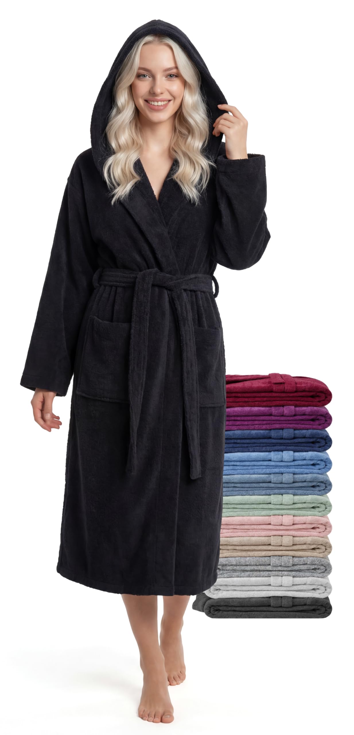 Accappatoio Donna Lunghezza Media con Cappuccio – 100% Cotone Spugna 380 g/m² – Accappatoio da Bagno, Spa e Casa, Lunghezza al Polpaccio, Morbido, Assorbente, Taglie S–XXL