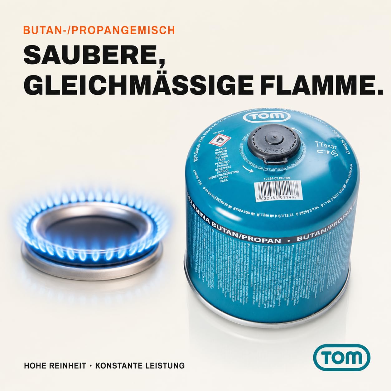 TOM Gaskartuschen 2 x, 4 x, 8 x oder 12 x 500 g Butan Propan Gas - Schraubkartusche Set – Kartuschen mit Sicherheits-Schraubgewinde – Butane Gas Kartusche ideal für Ihren Campingkocher (4 x 500g)