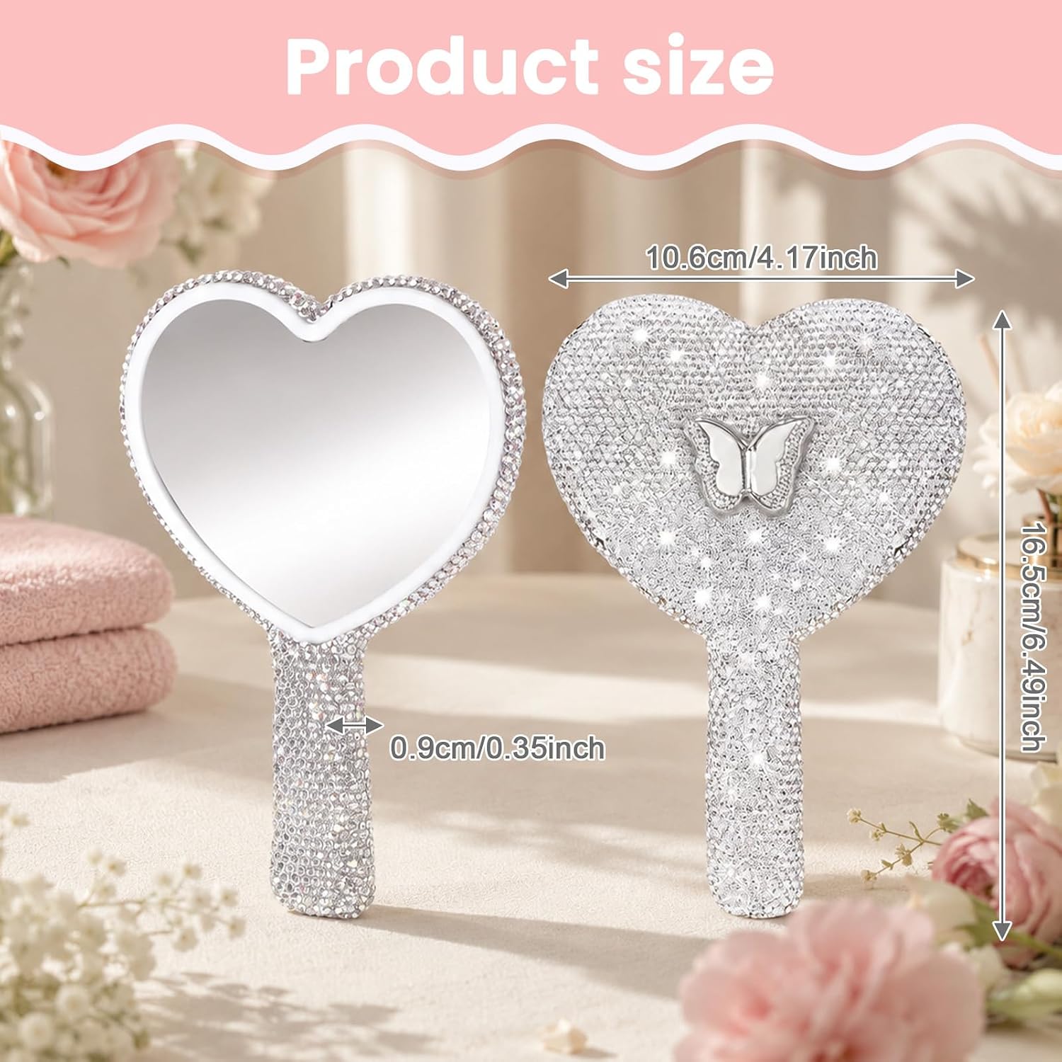 2 Pcs Large Cute Hand Mirror, 6.7x4.2 in Heart Glitter Rhinestone Lash Mirror Handheld Portable Travel Cosmetic for Women