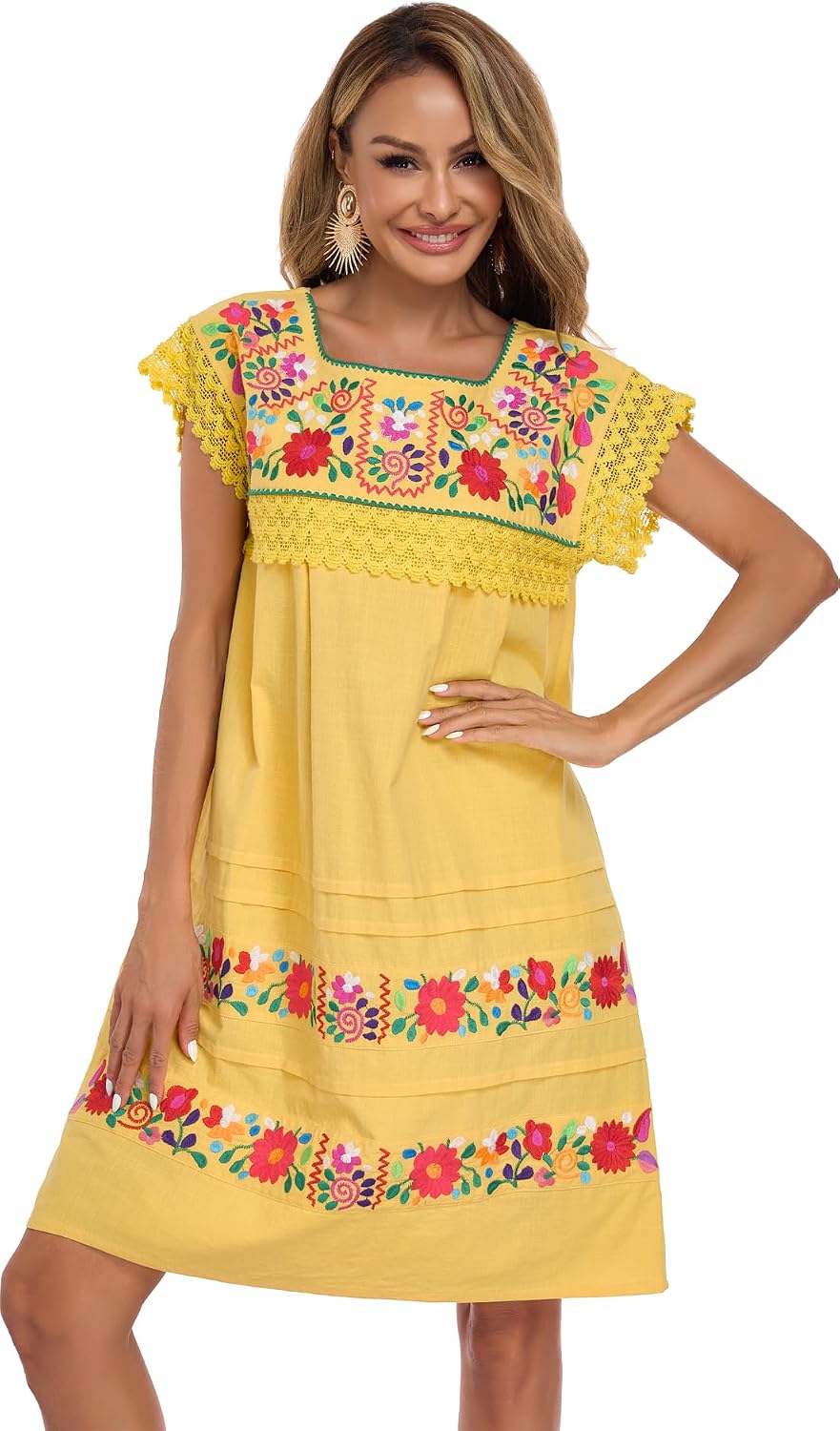 YZXDORWJ Women Embroidered Mexican Peasent Lace Short Sleeves Dress