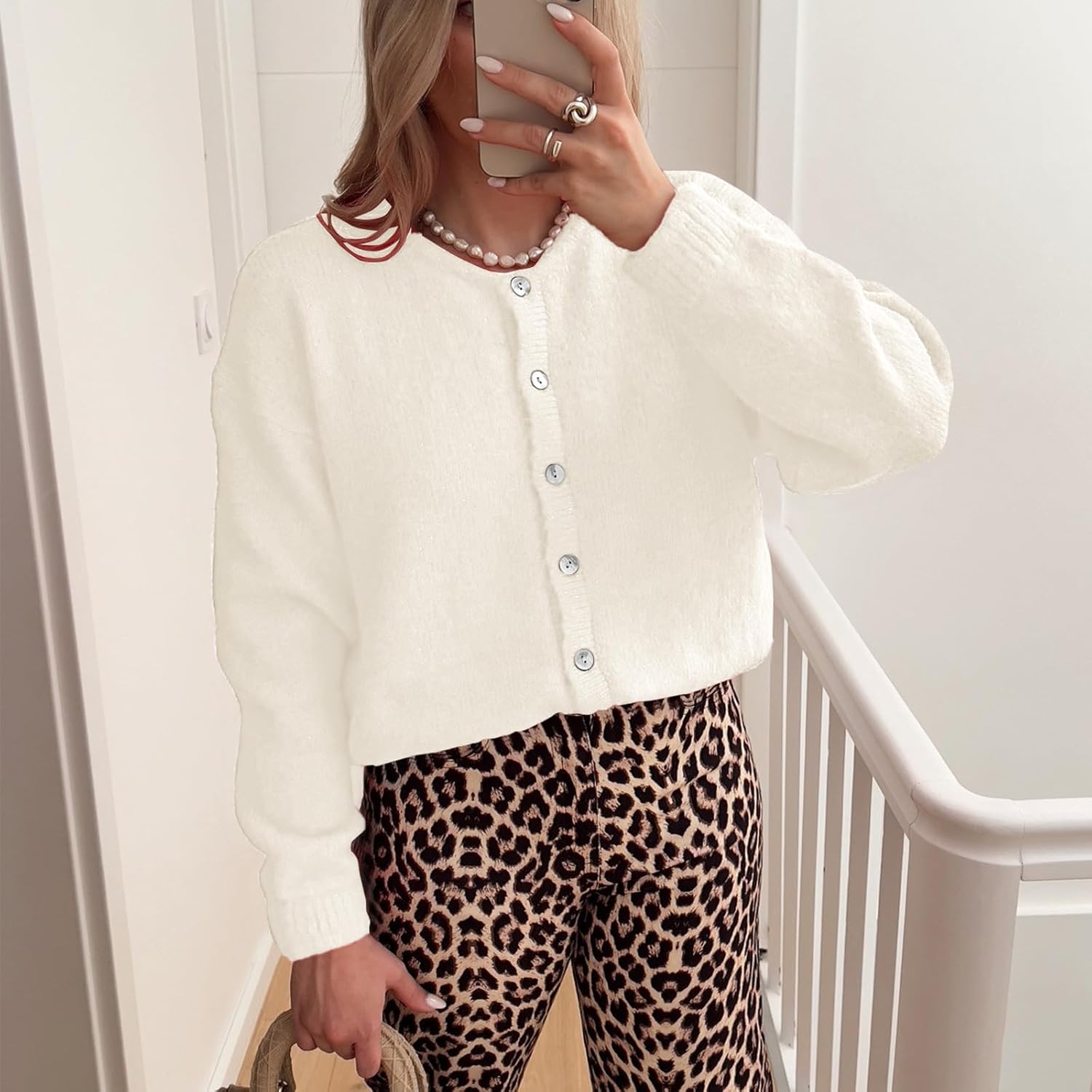 ThCreasa Womens Open Front Cardigan Sweaters Button Down Long Sleeve Casual Crew Neck Solid Knit Cardigans Outerwear - Image 3