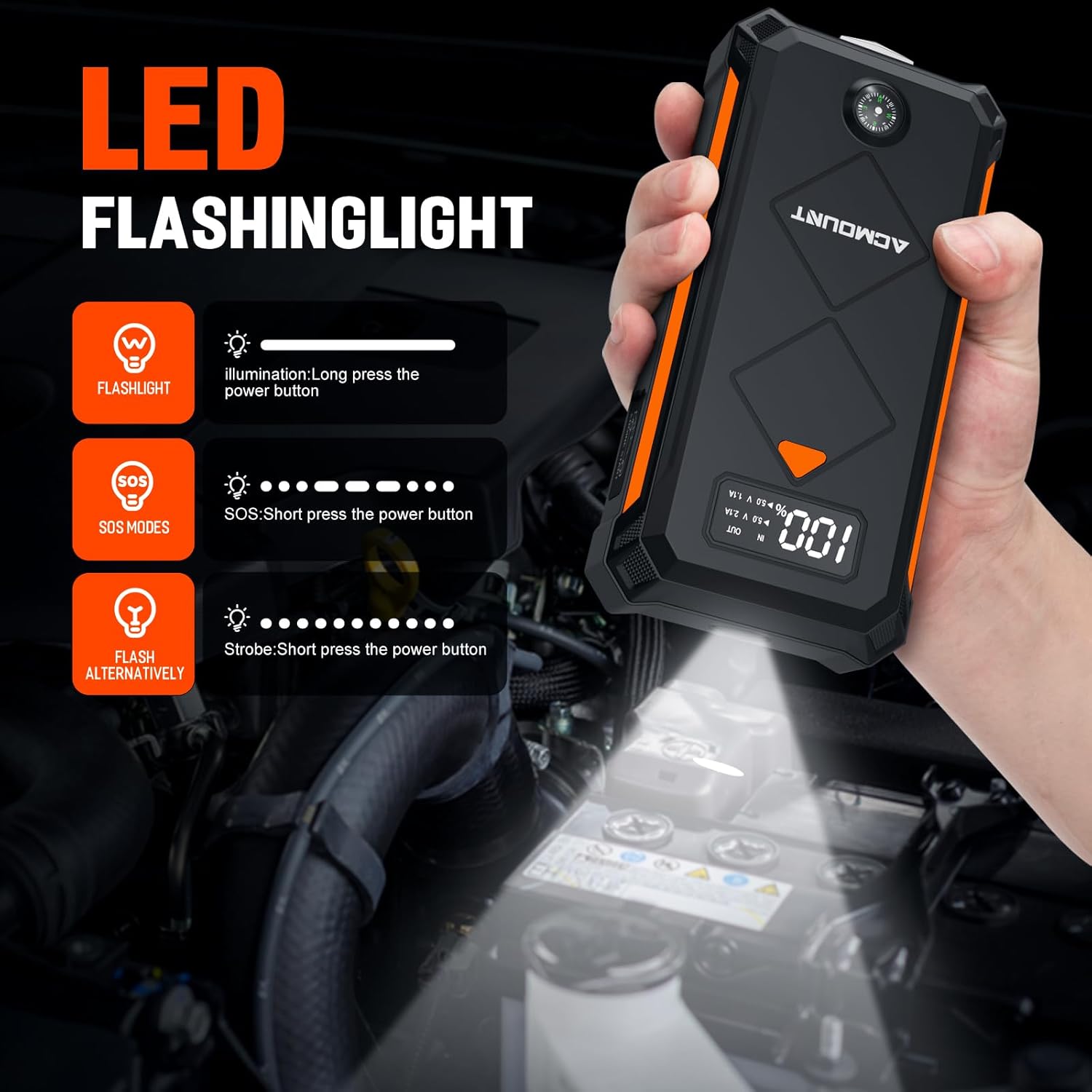 Acmount P110 Car Jump Starter demonstrating its LED flashlight with three modes: Flashlight (long press), SOS (short press), and Strobe (short press).
