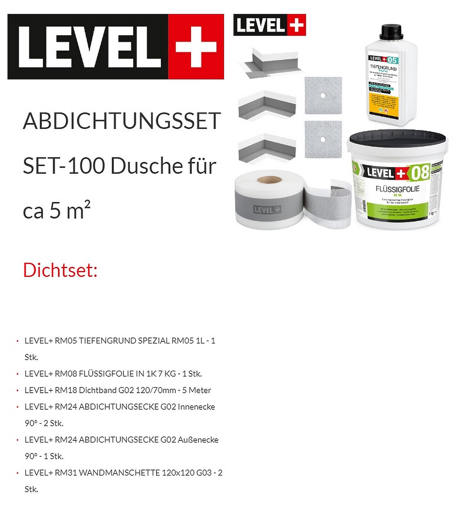 Dichtset Bandset Bad Dusche 7 Kg Flüssigfolie, 1L Tiefengrund, 5m Dichtband, 2 Innenecken, 1 Außenecke, 2 Wandmanschetten SET100