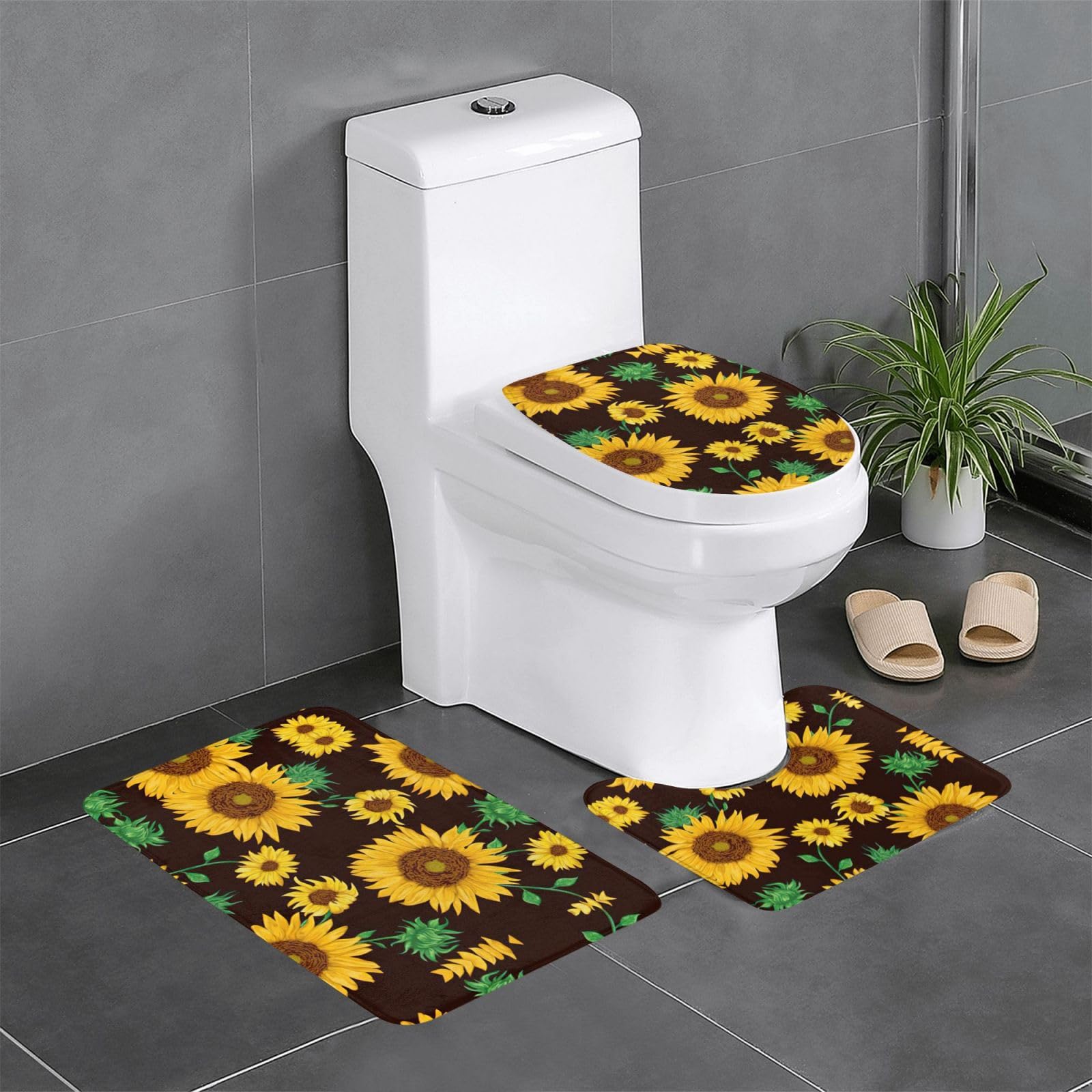 Tapis de salle de bain lot de 3 antidérapants et absorbants avec contour U lavable tournesol