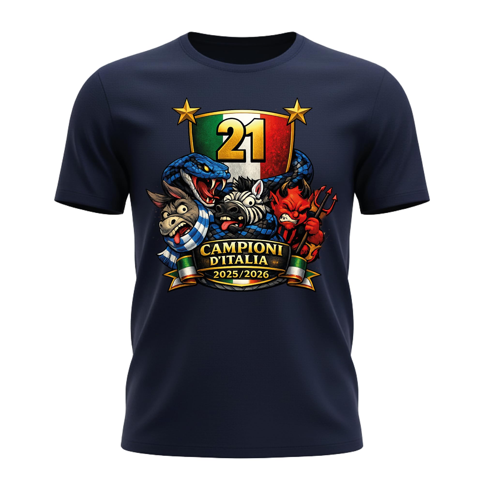 Maglietta Celebrativa Campioni d’Italia 21 2025 2026 – T Shirt Calcio Uomo – Maglia Scudetto Tricolore – Idea Regalo Tifosi Calcio Neroazzurri – Grafica Animali