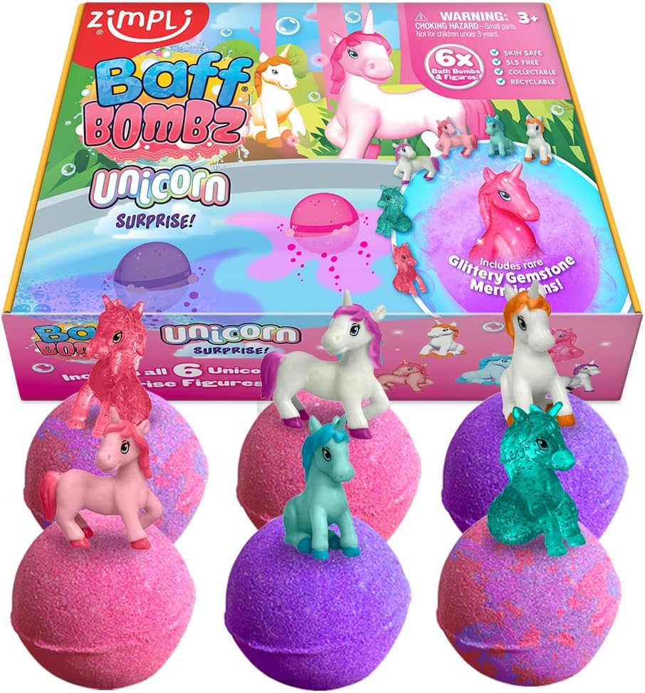 Zimpli Kids 6 Large Unicorn Surprise Bath Bombs, 6 Surprise Unicorn Toys Inside! Children's Birthday Gifts, Bath Toy for Boys and Girls