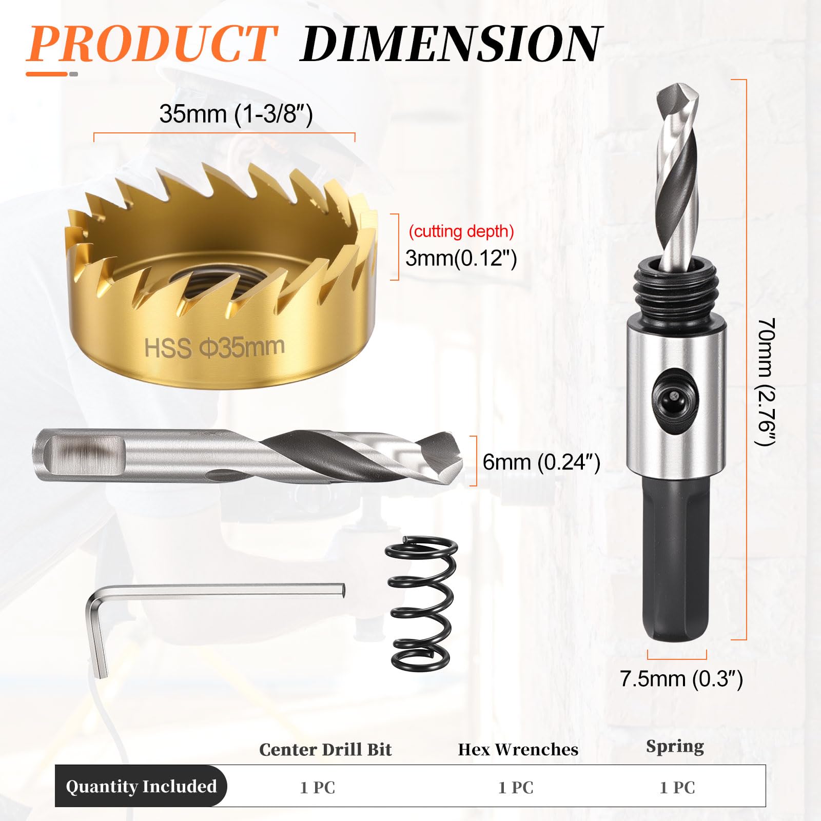 METALLIXITY Hole Saw 35mm (1-3/8"), 4341 High Speed Steel Hole Cutter with Center Drill Bit, Hex Key and Spring - Image 2