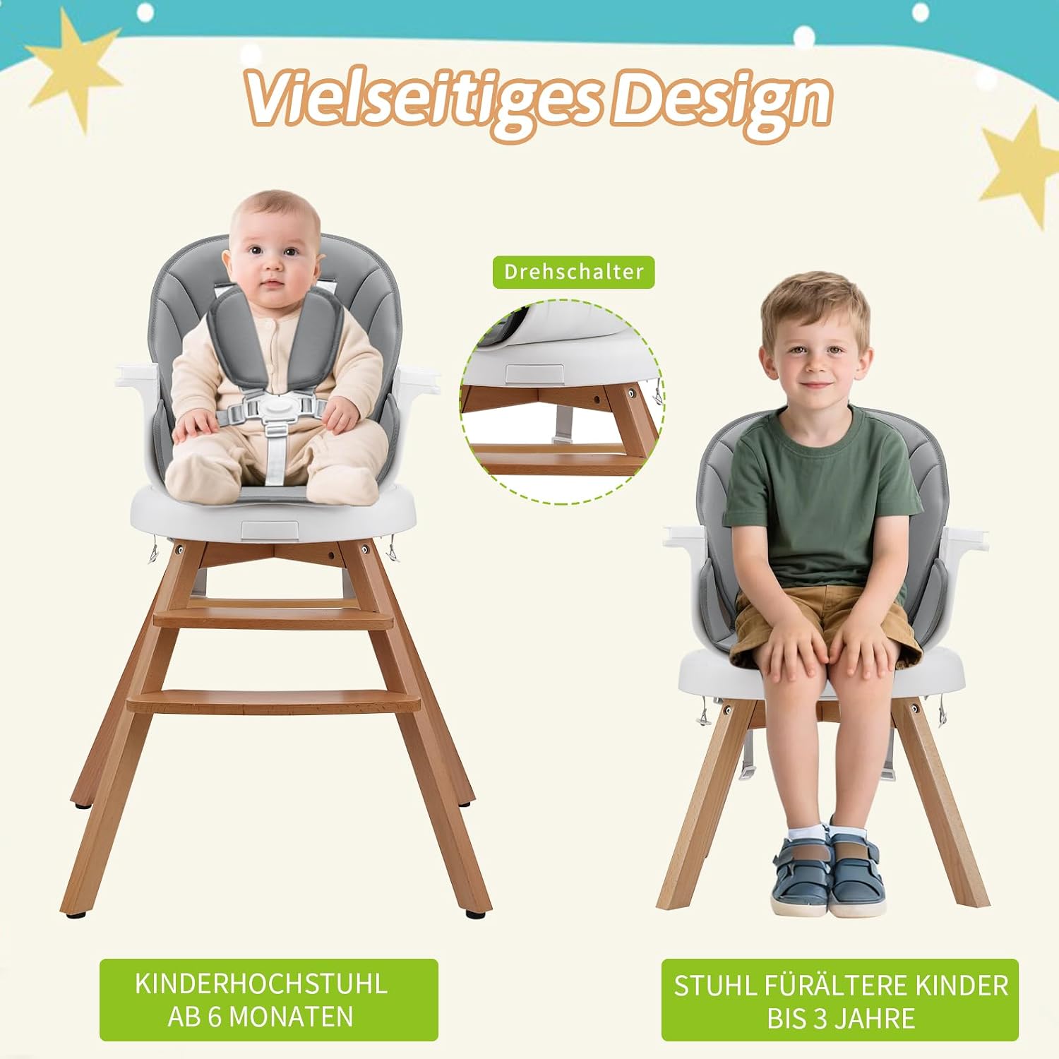 Cozy N Safe high chair showing a baby in high chair mode and a toddler in a lower play chair mode.