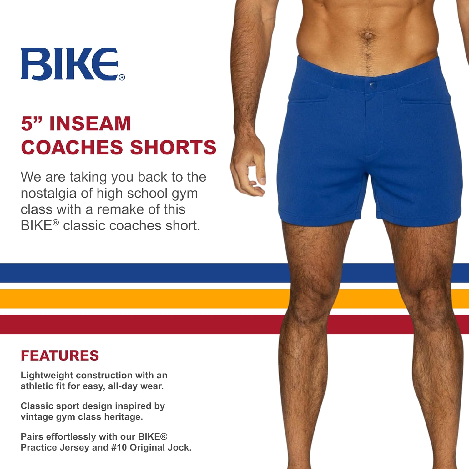 Bike Athletic Men's Classic Coaches Shorts, 5" Inseam Retro Snap-Button Gym Shorts, Structured Fit Football Style