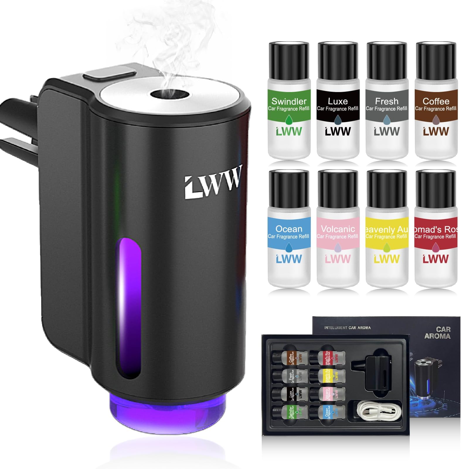 Car Air Freshener - Smart Adjustable 3-Speed Intensity, Rechargeable Humidifier Car Essential Oil Diffuser - Comes with 8 Bottles of 10ml Perfume (Black)