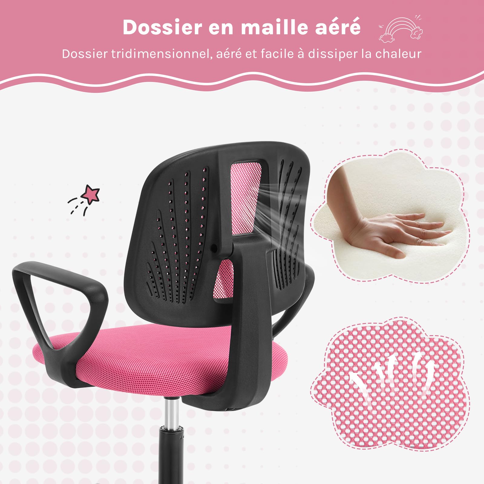 Chaise Bureau Enfant, Fauteuil de Bureau pour Adolescents, Chaise Ergonomique en Maille Respirante, Dossier Réglable, Rose, K0004BS