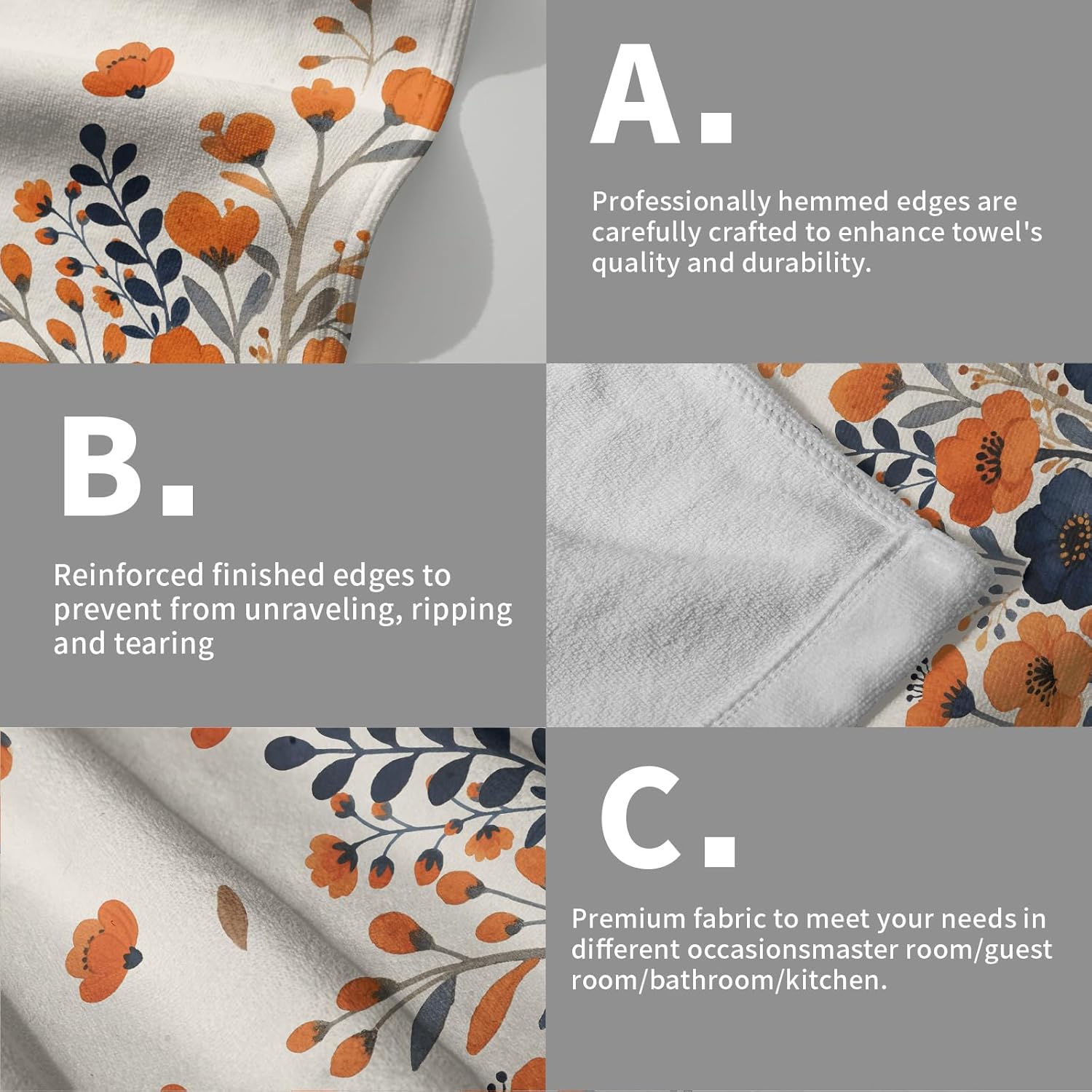 Fall Floral Hand Towels for Bathroom Set of 2 Blue Burnt Orange Autumn Flower Theme Holiday Print Seasonal Decorative Handtowels Soft Absorbent Bath Towel for Home Guest Room Hotel Gym Spa